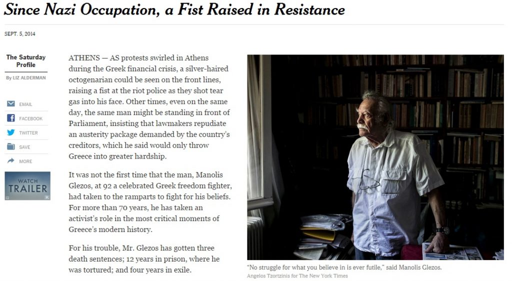 NYT για Γλέζο: “Από την Κατοχή, μια γροθιά υψωμένη στην Αντίσταση”