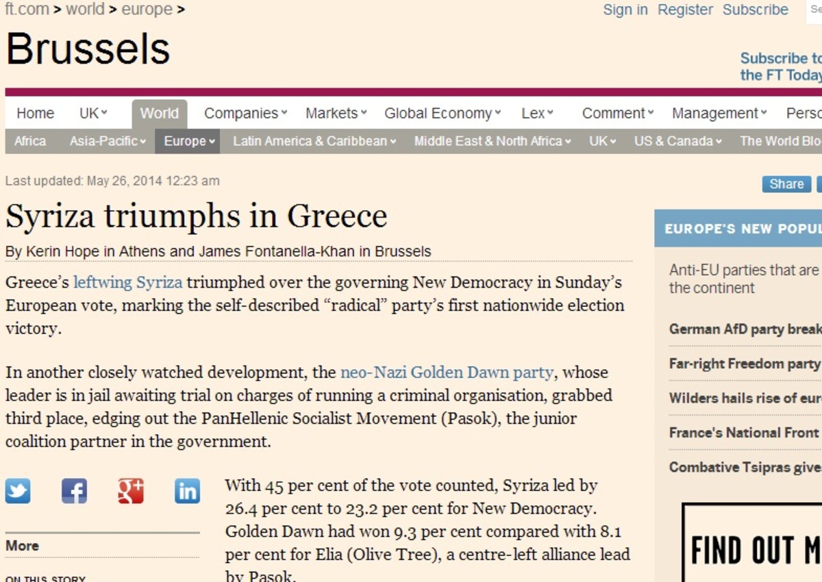 Ευρωεκλογές 2014: “Θρίαμβος του ΣΥΡΙΖΑ”, λένε οι Financial Times