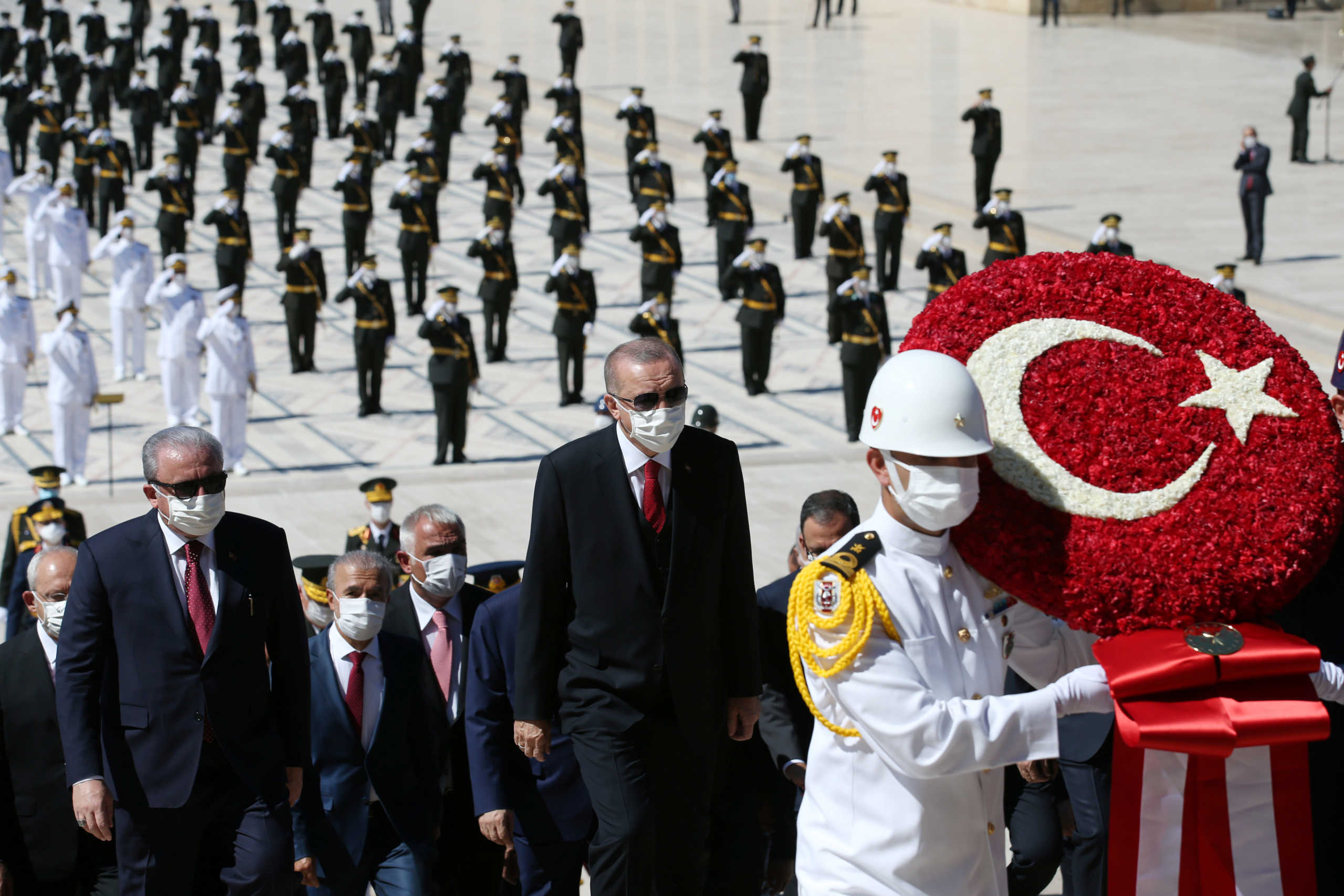 Turkish President Tayyip Erdogan attends a ceremony marking the 98th anniversary of Victory Day at Anitkabir, the mausoleum of modern Turkey's founder Ataturk, in Ankara, Turkey, August 30, 2020. Presidential Press Office