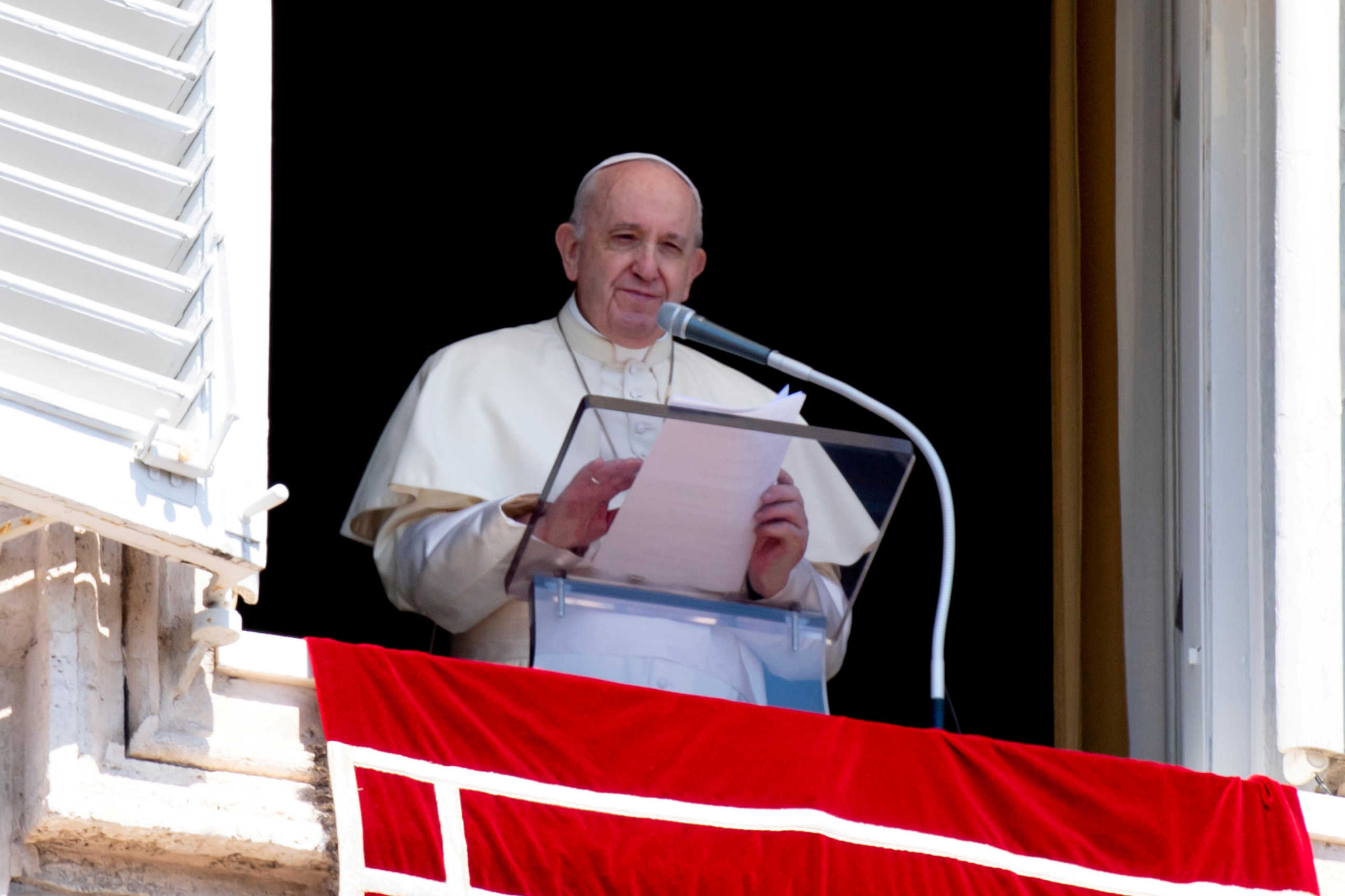 FILE PHOTO: Pope Francis speaks during his weekly address from the window at St Peter's Square, at the Vatican August 23, 2020. Picture taken August 23, 2020. Vatican Media