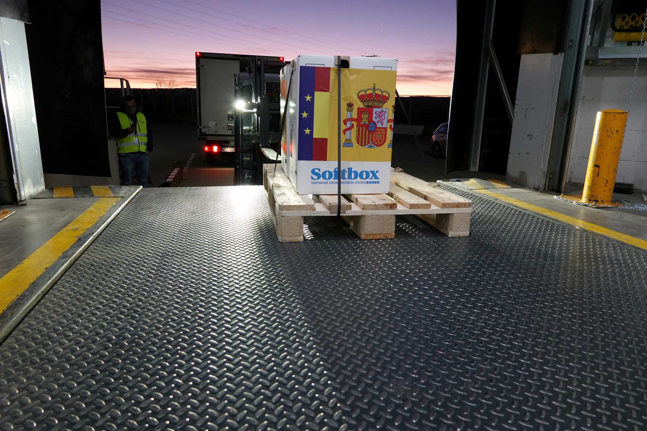 Boxes of Pfizer-BioNtech COVID-19 vaccine are unloaded after arriving at a warehouse in Guadalajara, Spain December 26, 2020, one day before the country starts its vaccination programme. Jose Maria Cuadrado