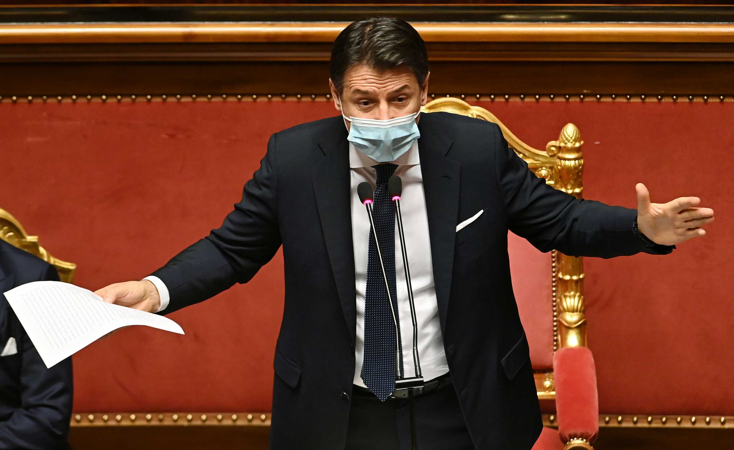 Italian Prime Minister Giuseppe Conte addresses senators ahead of a confidence vote, at Palazzo Madama in Rome, Italy January 19, 2021. Andreas Solaro