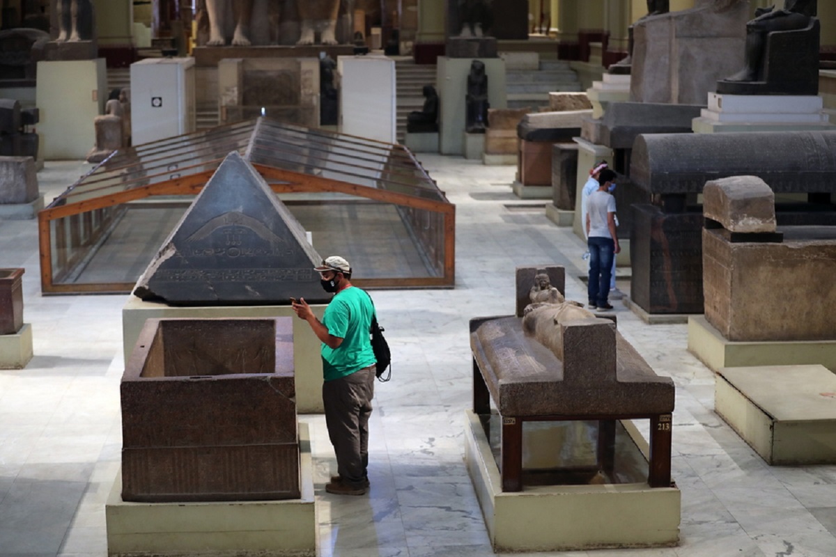 epa08519932 People visit the Museum of Egyptian Antiquities after it was reopened to visitors at Tahrir Square in Cairo, Egypt, 01 July 2020. The Museum of Cairo had been closed to curb the spread of the coronavirus.  EPA