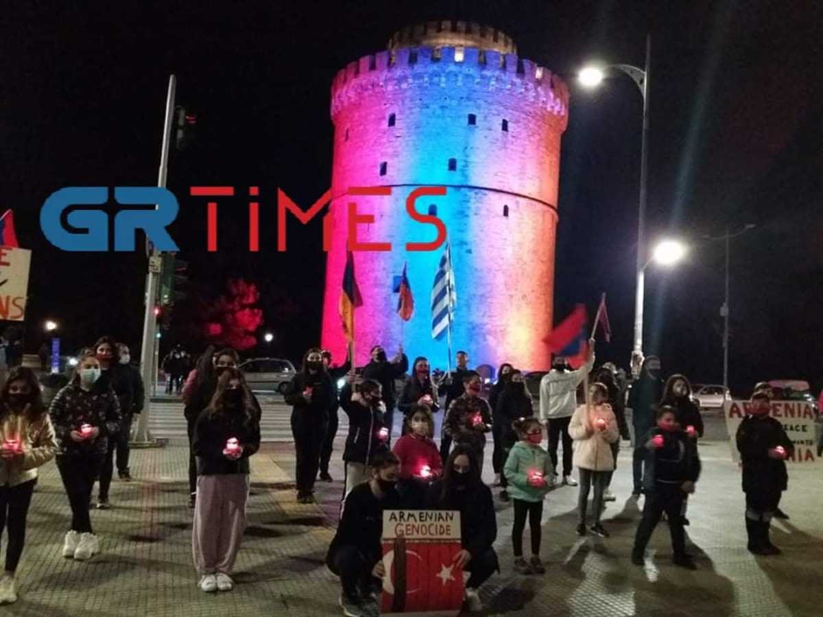 Στα χρώματα της Αρμενίας ο Λευκός Πύργος – Εκδηλώσεις με κεριά και πανό για την Γενοκτονία
