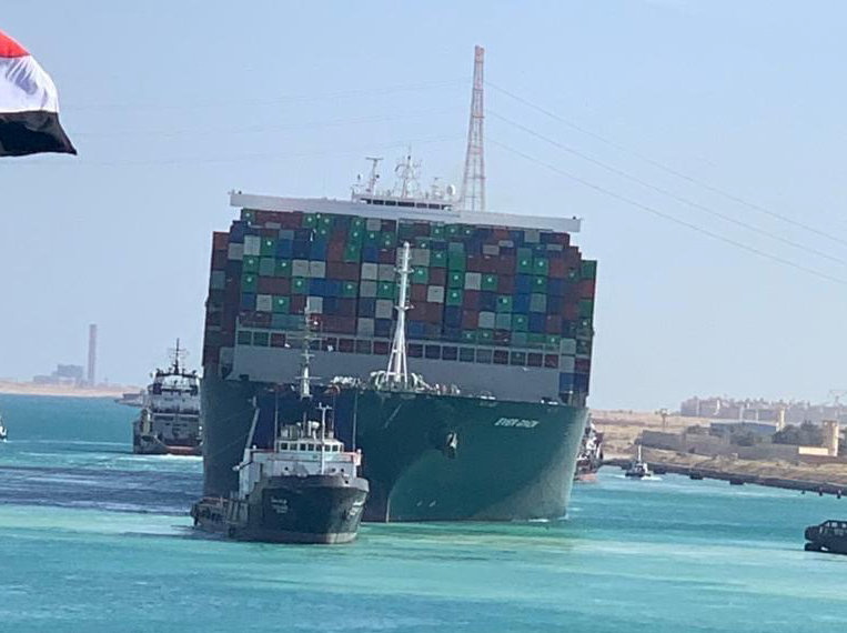 Ship Ever Given, one of the world's largest container ships, is seen after it was fully floated in Suez Canal, Egypt March 29, 2021.  Suez Canal Authority