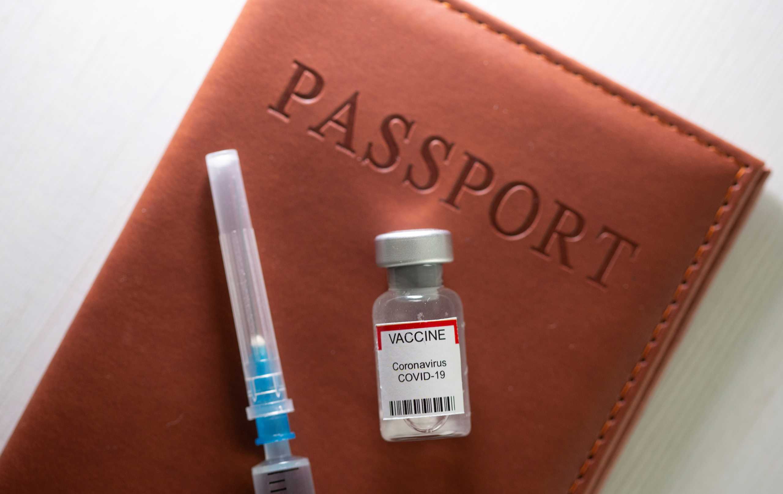 FILE PHOTO: A syringe and a vial labelled "coronavirus disease (COVID-19) vaccine" are placed on a passport in this illustration taken April 27, 2021. REUTERS