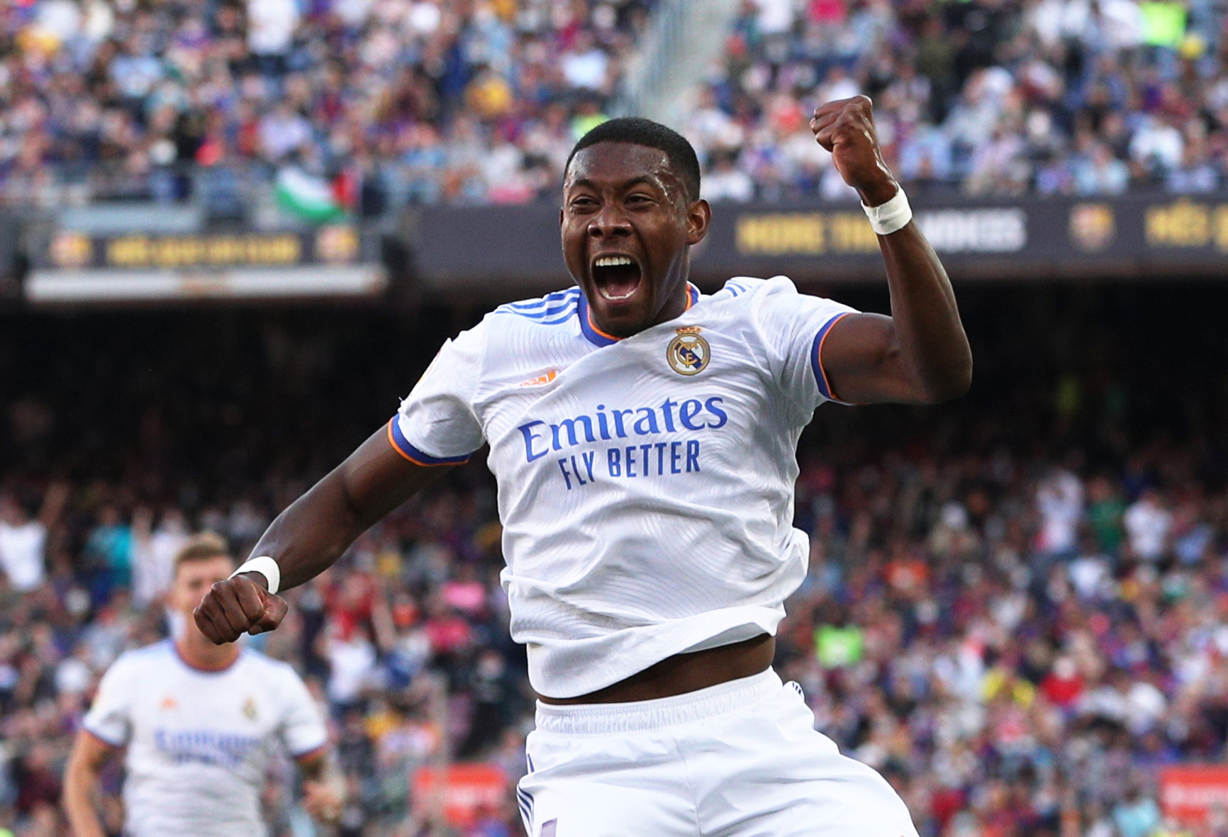 Soccer Football - LaLiga - FC Barcelona v Real Madrid - Camp Nou, Barcelona, Spain - October 24, 2021  Real Madrid's David Alaba celebrates scoring their first goal REUTERS