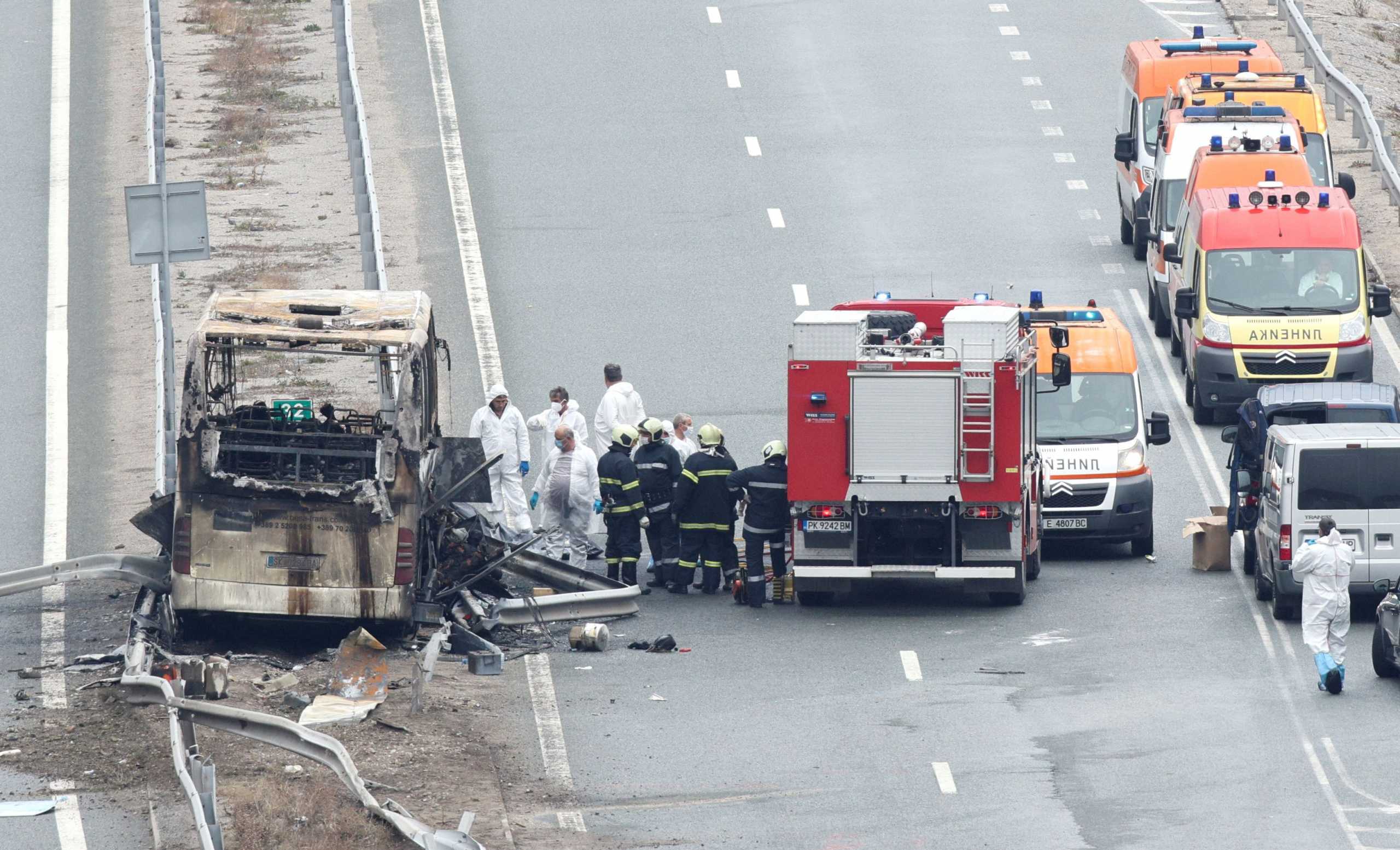 A view shows the site where a bus with North Macedonian plates caught fire on a highway, near the village of Bosnek, Bulgaria, November 23, 2021. REUTERS