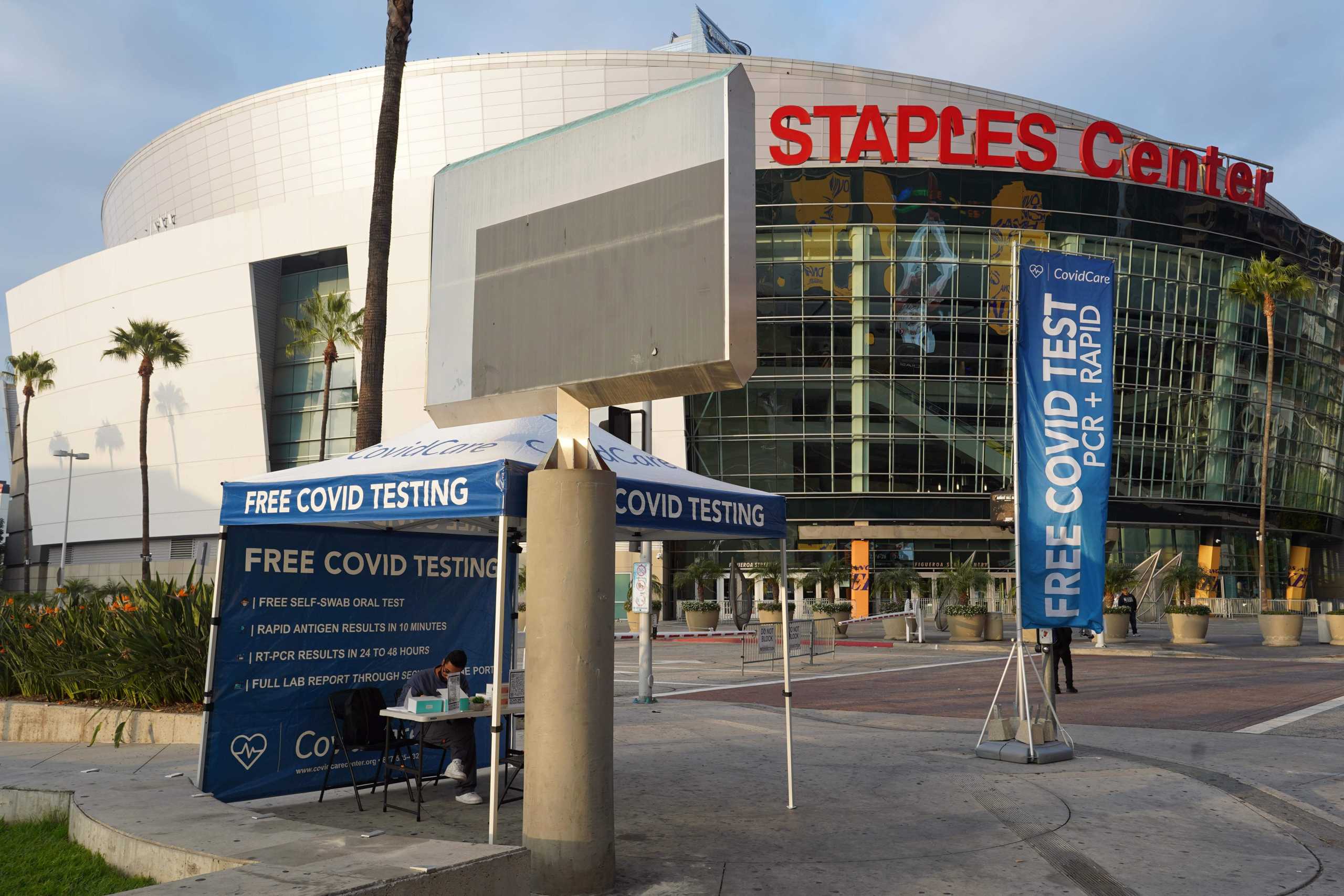 Dec 7, 2021; Los Angeles, California, USA; A free COVID-19 test site is set up before the game between the Boston Celtics and Los Angeles Lakers at the Staples Center. Mandatory Credit: Kirby Lee-USA TODAY Sports