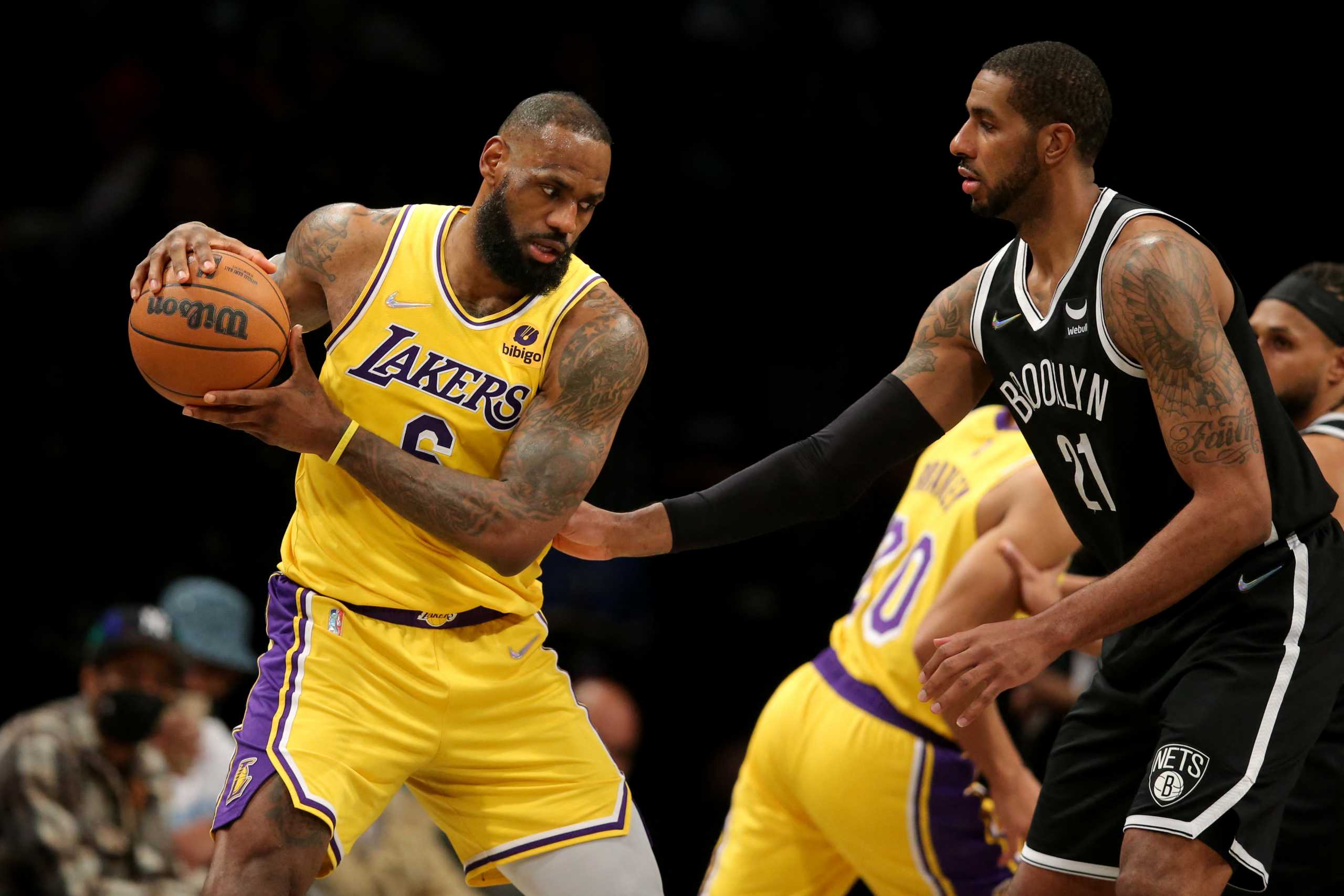 Jan 25, 2022; Brooklyn, New York, USA; Los Angeles Lakers forward LeBron James (6) controls the ball against Brooklyn Nets center LaMarcus Aldridge (21) during the third quarter at Barclays Center. Mandatory Credit: Brad Penner-USA TODAY Sports