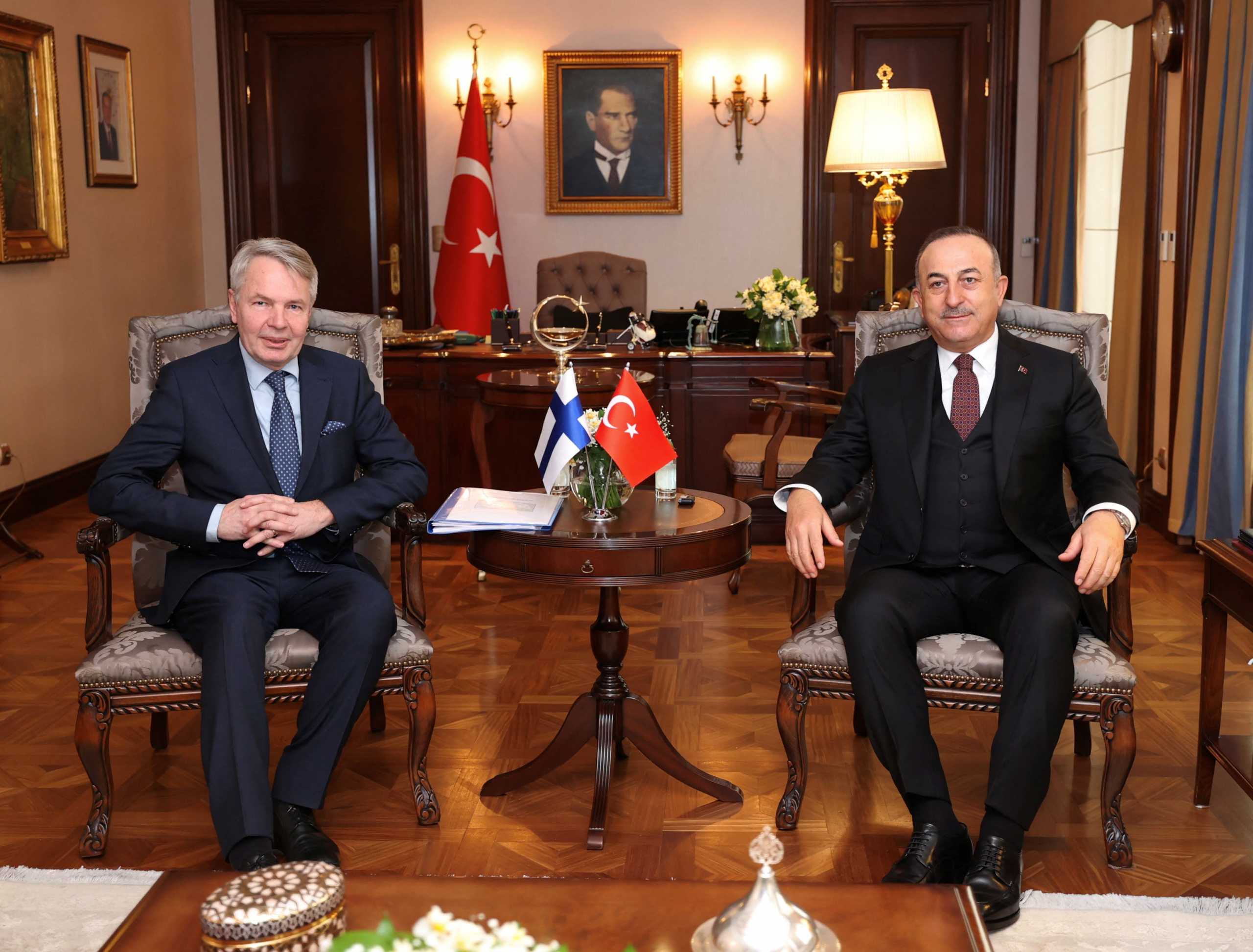 Turkish Foreign Minister Mevlut Cavusoglu meets with Finland's Minister for Foreign Affairs Pekka Haavisto in Ankara, Turkey, February 8, 2022. Turkish Foreign Ministry