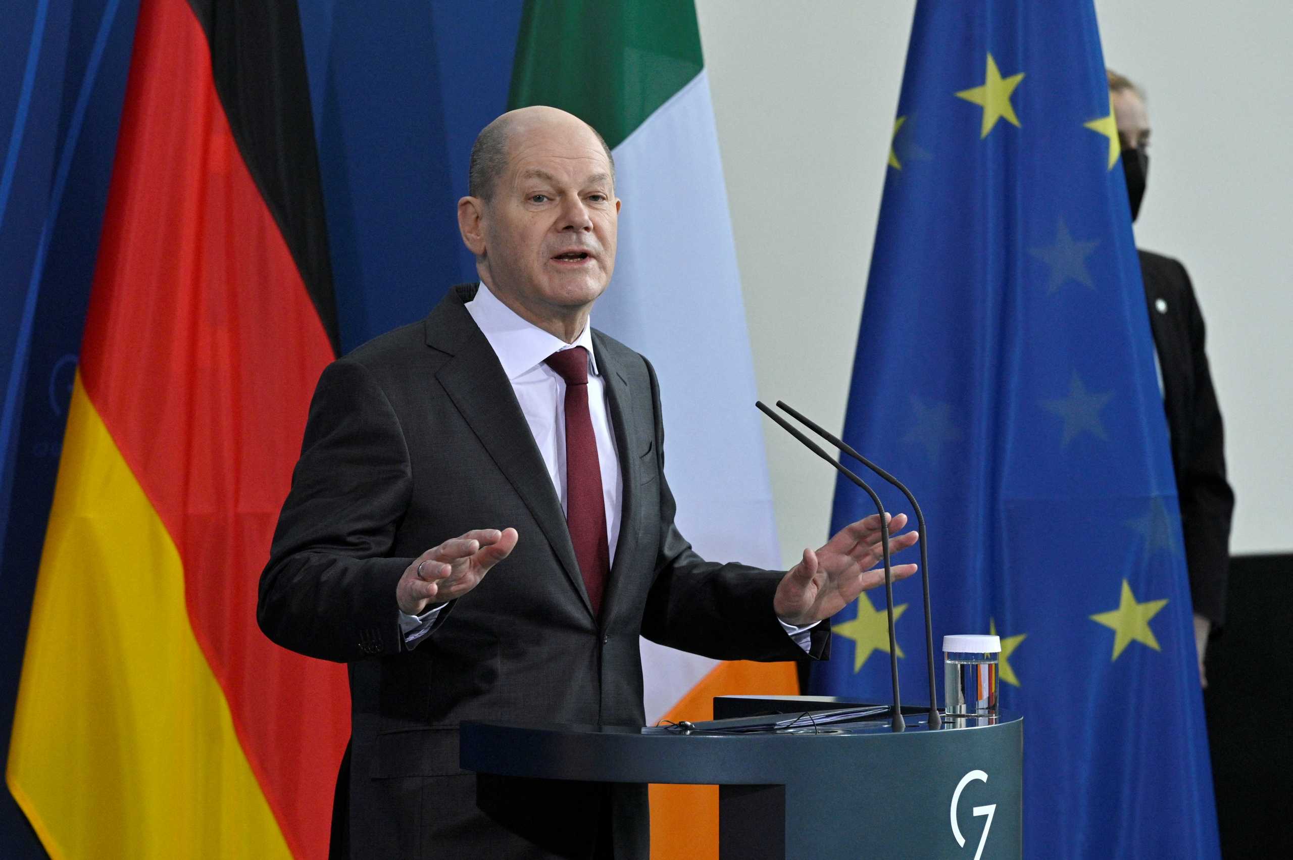 German Chancellor Olaf Scholz addresses a joint news conference with Ireland's Prime Minister (not pictured) following talks at the Chancellery, in Berlin, Germany February 22, 2022. John Macdougall