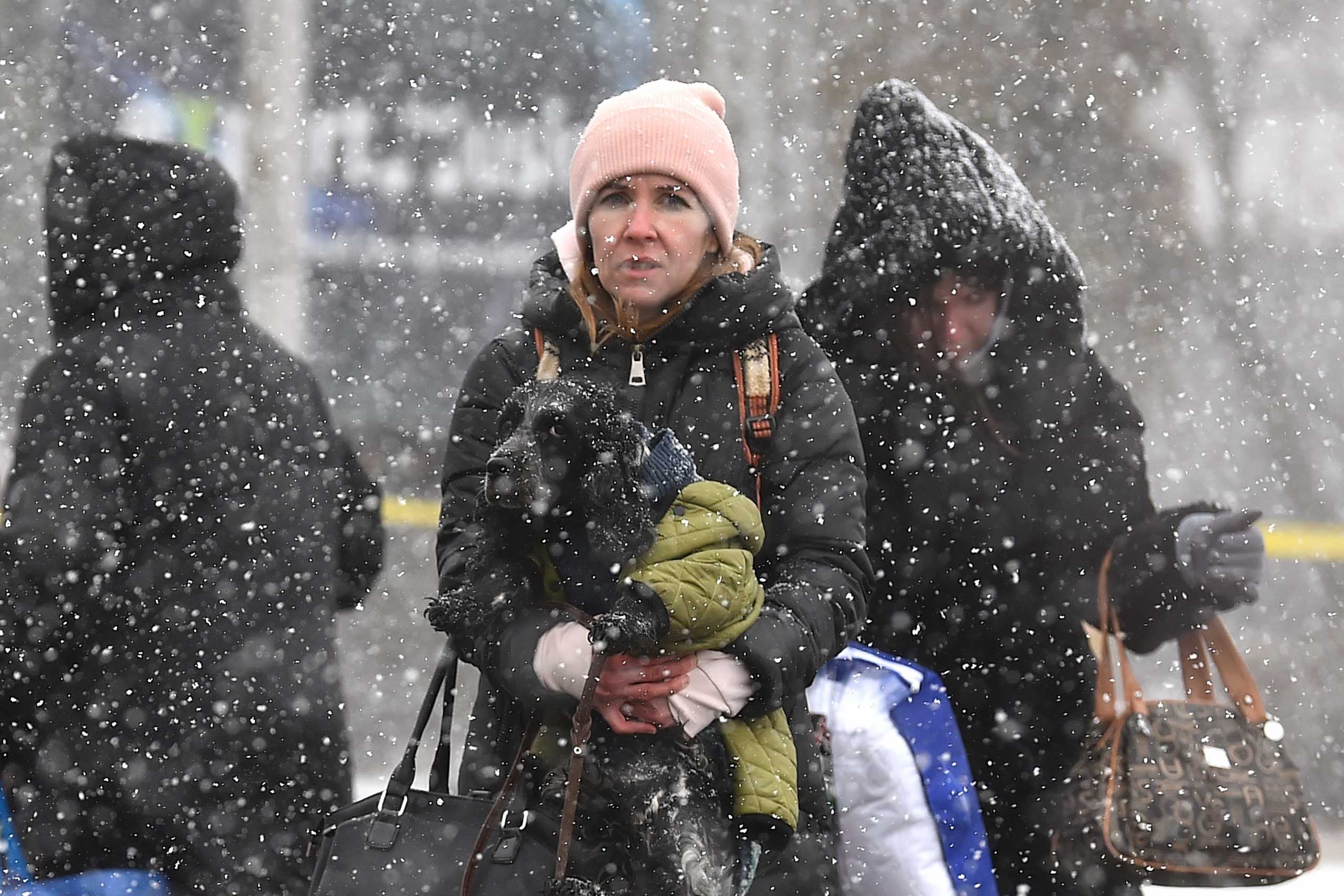 A woman walks as she holds her Spaniel dog while it snows, after fleeing from Ukraine to Romania following Russia's invasion of Ukraine, at the border crossing in Siret, Romania, March 10, 2022. REUTERS