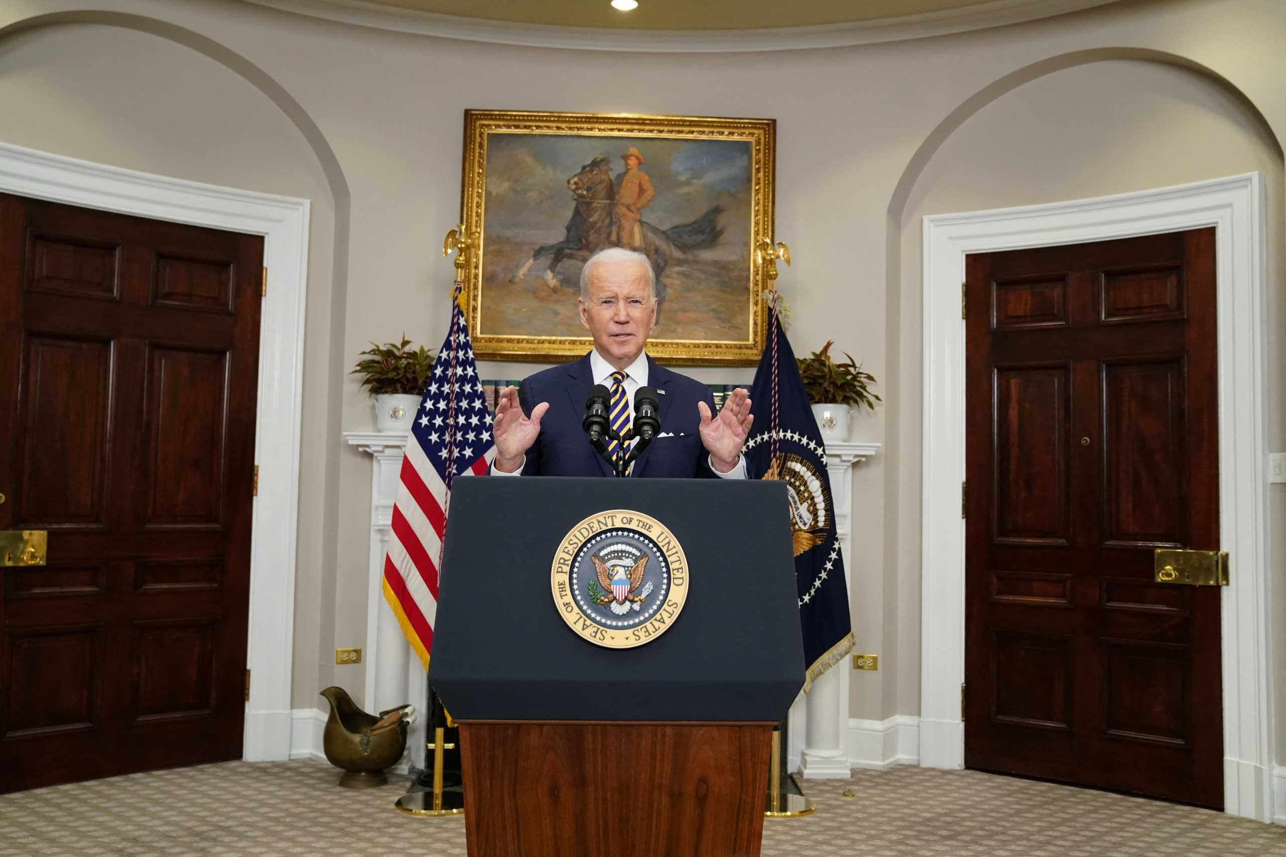 U.S. President Joe Biden announces actions against Russia for its war in Ukraine, during remarks in the Roosevelt Room at the White House in Washington, U.S., March 8, 2022. REUTERS