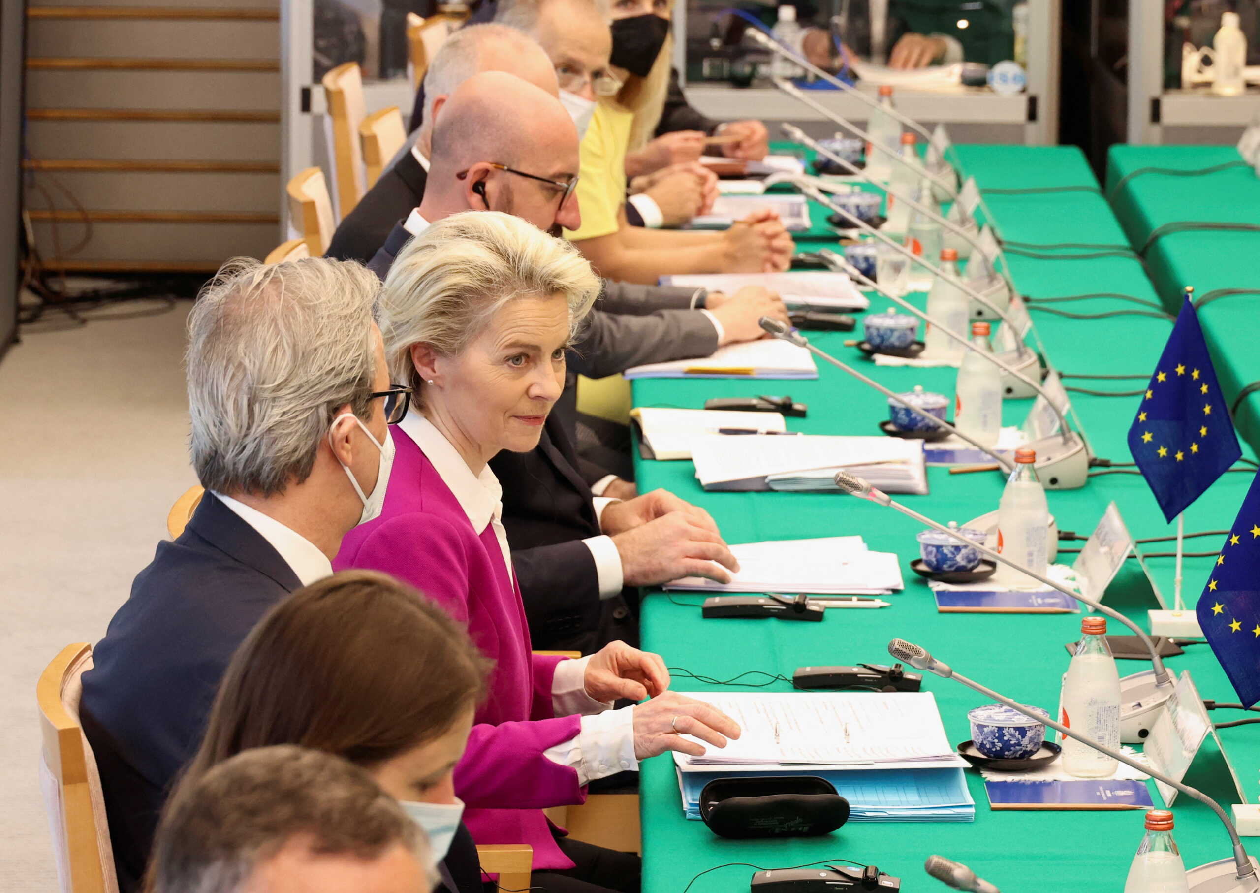 European Commission President Ursula von der Leyen, accompanied by European Council President Charles Michel, speaks to Japanese Prime Minister Fumio Kishida during their talks at the prime minister's official residence, in Tokyo, Japan May 12, 2022. Yoshikazu Tsuno