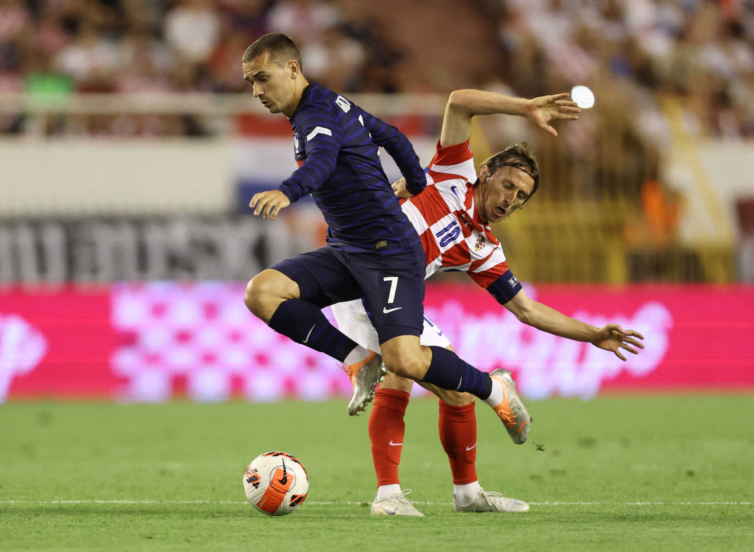 Soccer Football - UEFA Nations League - Group A - Croatia v France - Stadion Poljud, Split, Croatia - June 6, 2022 France's Antoine Griezmann in action with Croatia's Luka Modric REUTERS