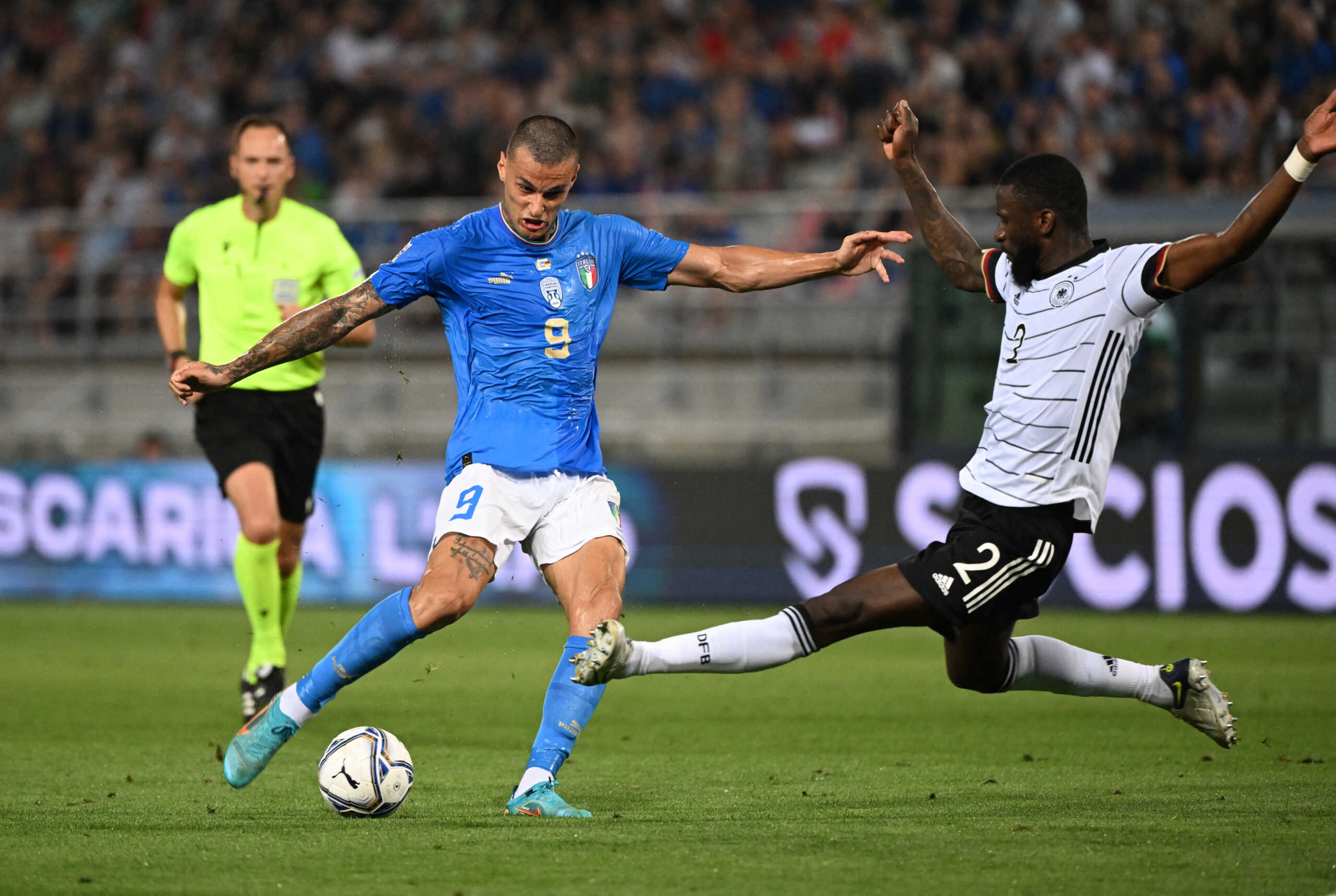 Soccer Football - UEFA Nations League - Group C - Italy v Germany - Renato Dall'Ara Stadium, Bologna, Italy - June 4, 2022 Italy's Gianluca Scamacca in action with Germany's Antonio Rudiger REUTERS