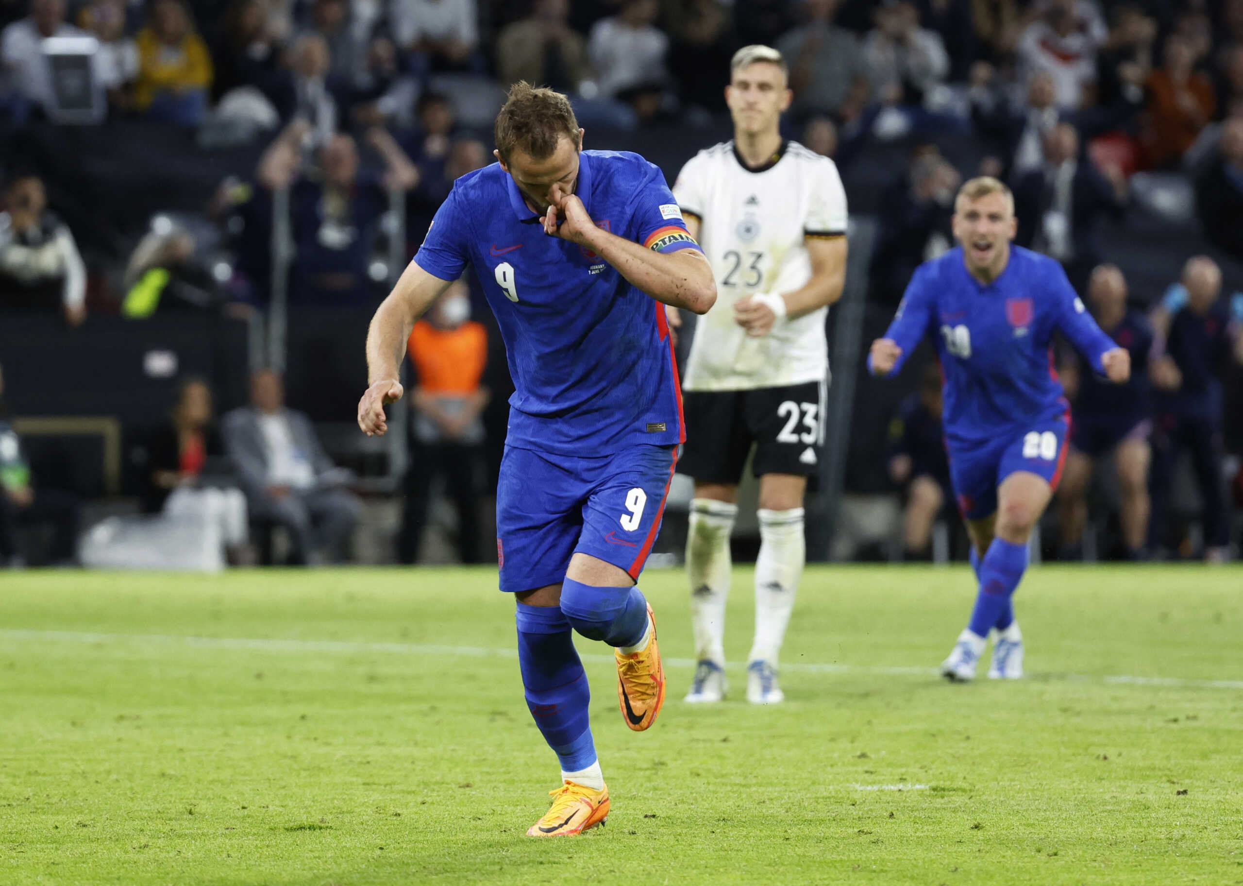 Soccer Football - UEFA Nations League - Group C - Germany v England - Allianz Arena, Munich, Germany - June 7, 2022 England's Harry Kane celebrates scoring their first goal REUTERS