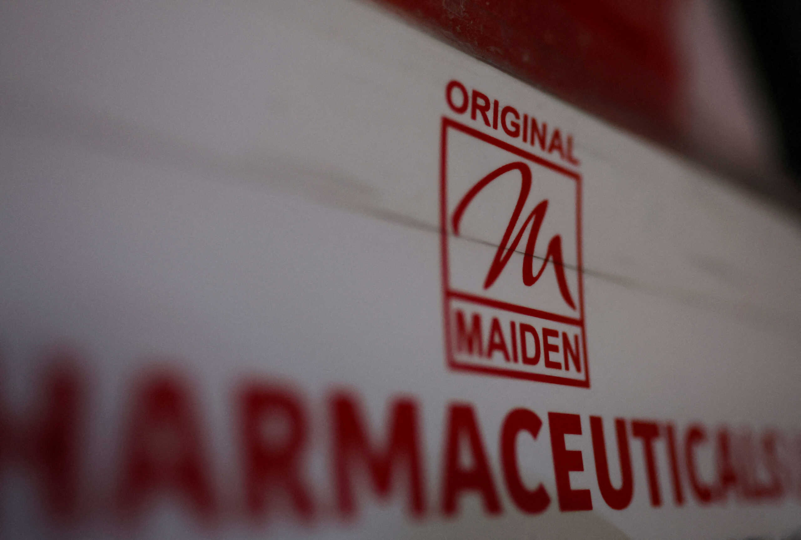 FILE PHOTO: Logo of the Maiden Pharmaceuticals Ltd. company is seen on a board outside their office in New Delhi, India, October 6, 2022. REUTERS