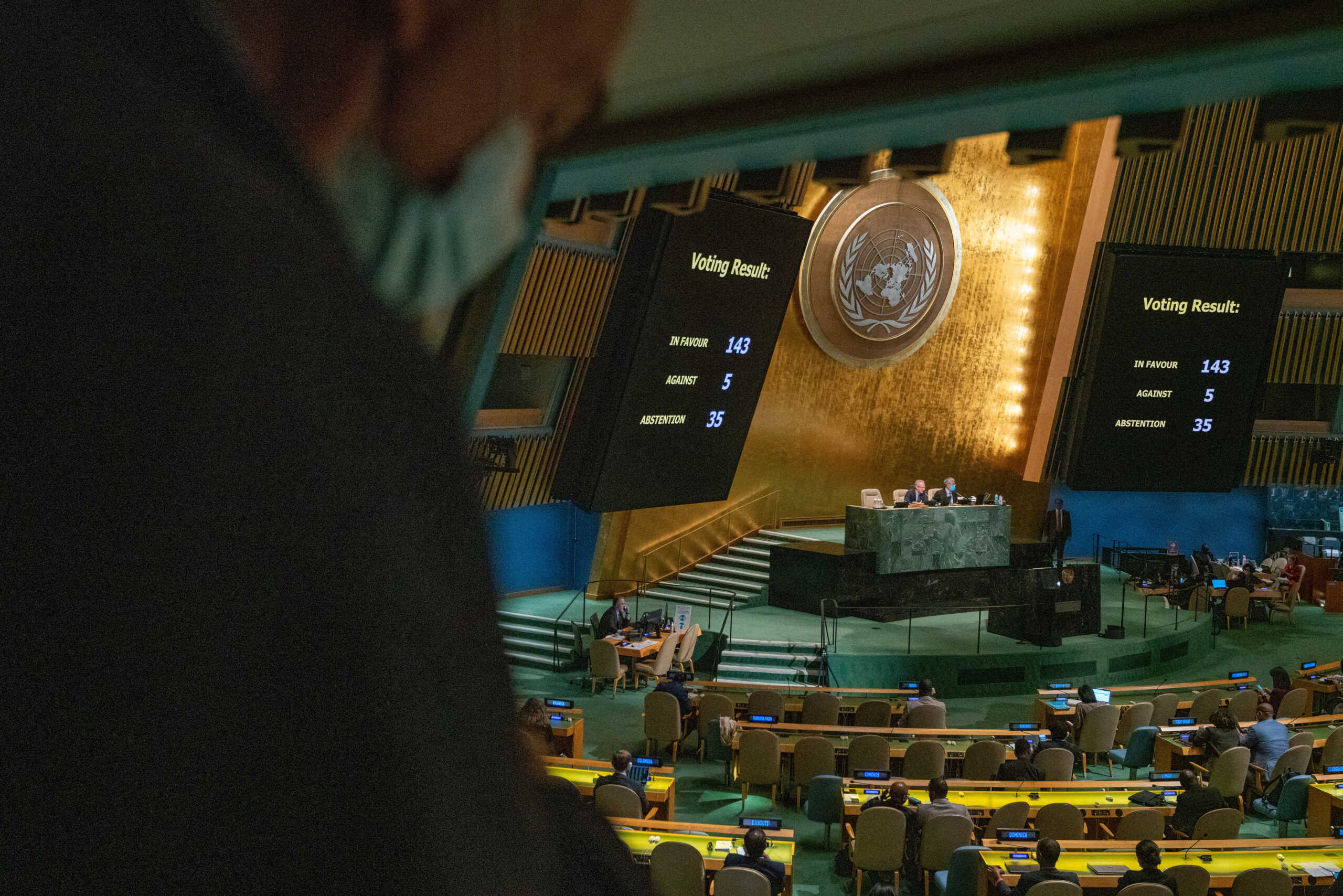 Monitors at the United Nations General Assembly hall display the results of a vote on a resolution condemning the annexation of parts of Ukraine by Russia, amid Russia's invasion of Ukraine, at the United Nations Headquarters in New York City, New York, U.S., October 12, 2022. REUTERS