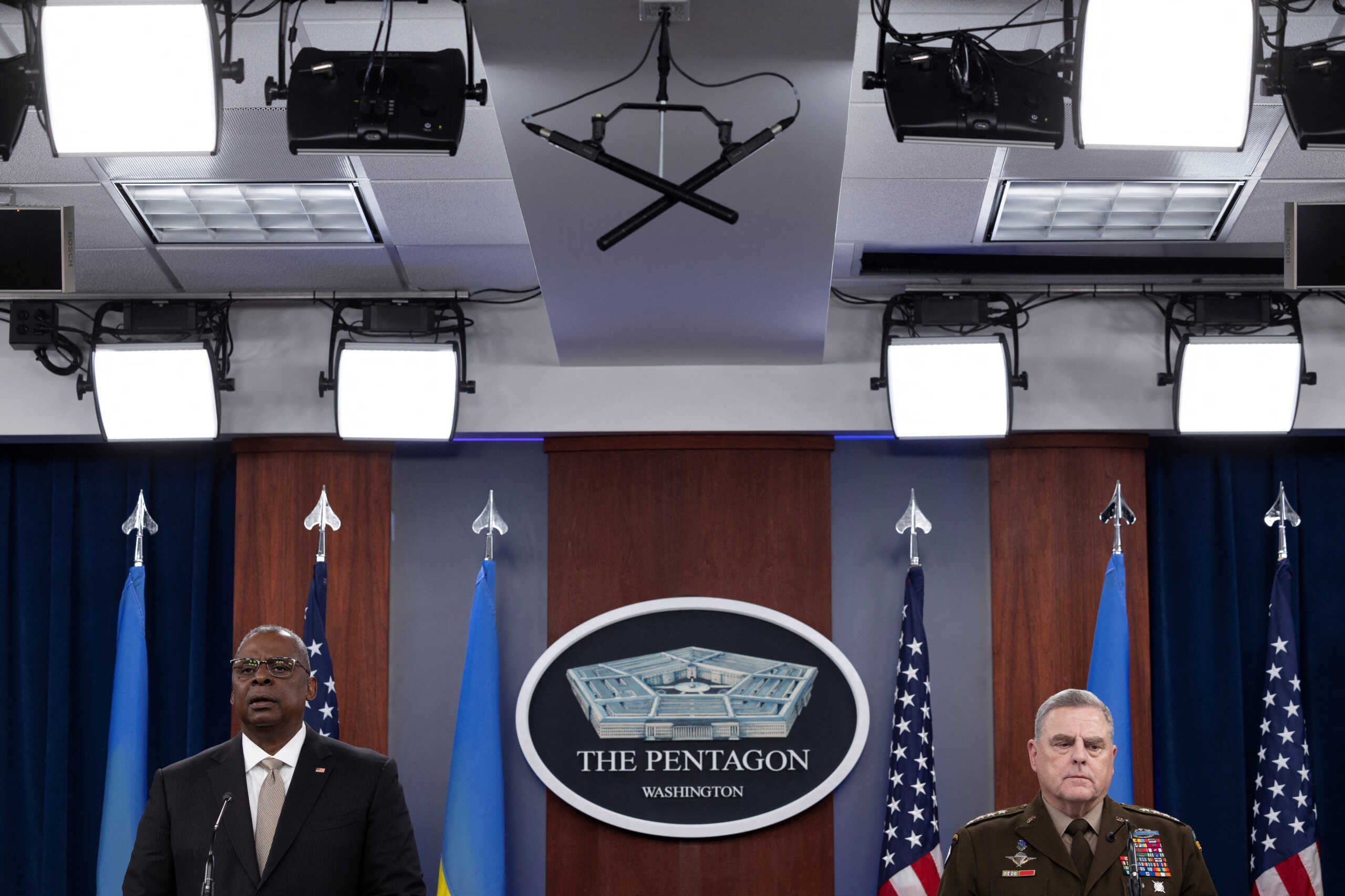 U.S. Defense Secretary Lloyd Austin and U.S. Joint Chiefs Chair Army General Mark Milley hold a news briefing after participating a virtual Ukraine Defense Contact Group meeting at the Pentagon in Arlington, Virginia, U.S., November 16, 2022. REUTERS