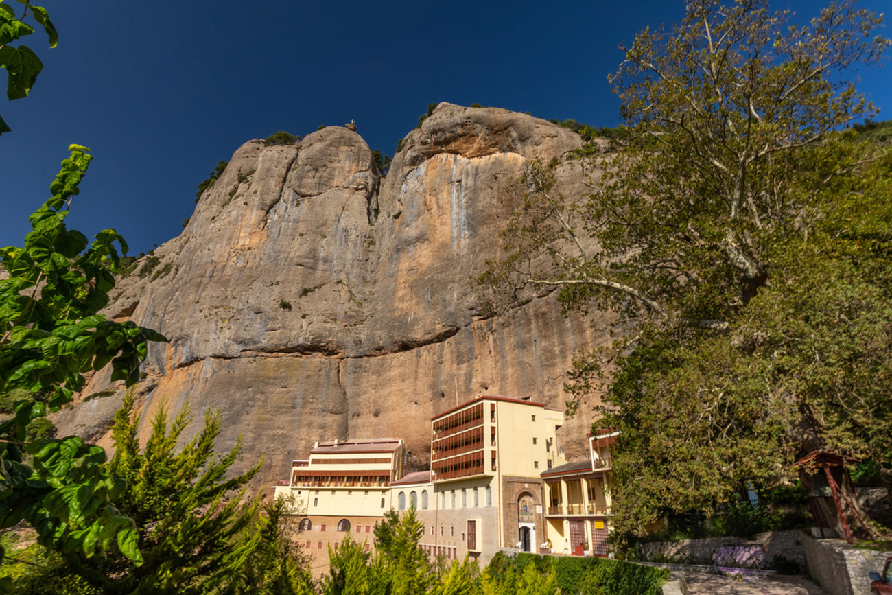 Mega Spilaio Greek Orthodox Monastery, near Kalavryta, in the Peloponnese peninsula in southern Greece. Built in a large cave in cliff where the Mount Chelmos drops down to the gorge of the Vouraikos river