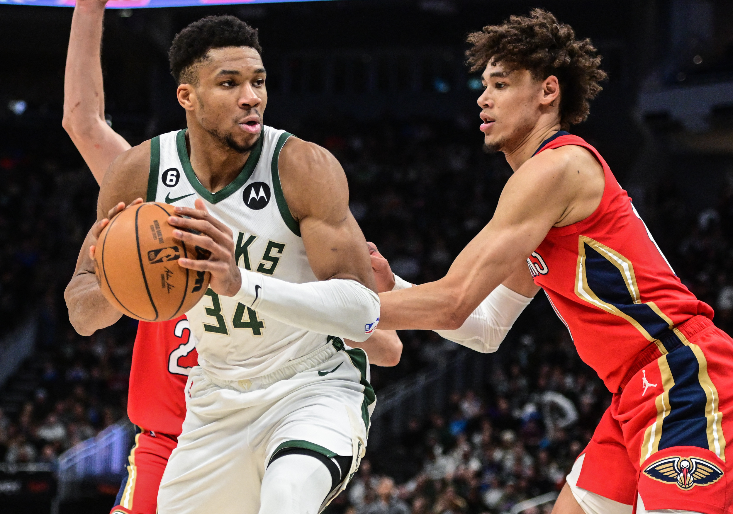 Jan 29, 2023; Milwaukee, Wisconsin, USA; Milwaukee Bucks forward Giannis Antetokounmpo (34) looks for a shot against New Orleans Pelicans forward Jaxson Hayes (10) in the fourth quarter at Fiserv Forum. Mandatory Credit: Benny Sieu-USA TODAY Sports