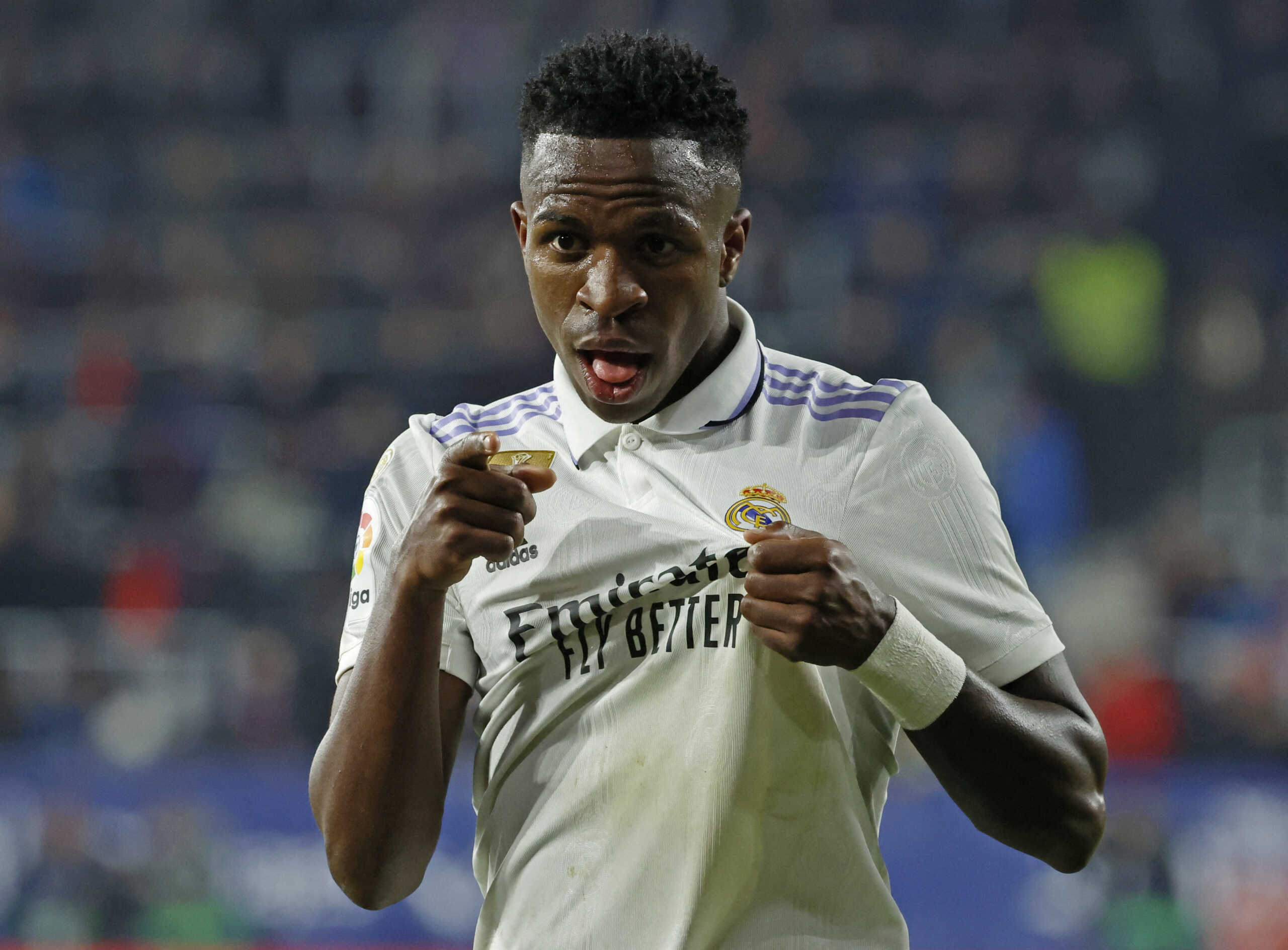 Soccer Football - LaLiga - Osasuna v Real Madrid - El Sadar Stadium, Pamplona, Spain - February 18, 2023 Real Madrid's Vinicius Junior celebrates a goal which is later disallowed REUTERS