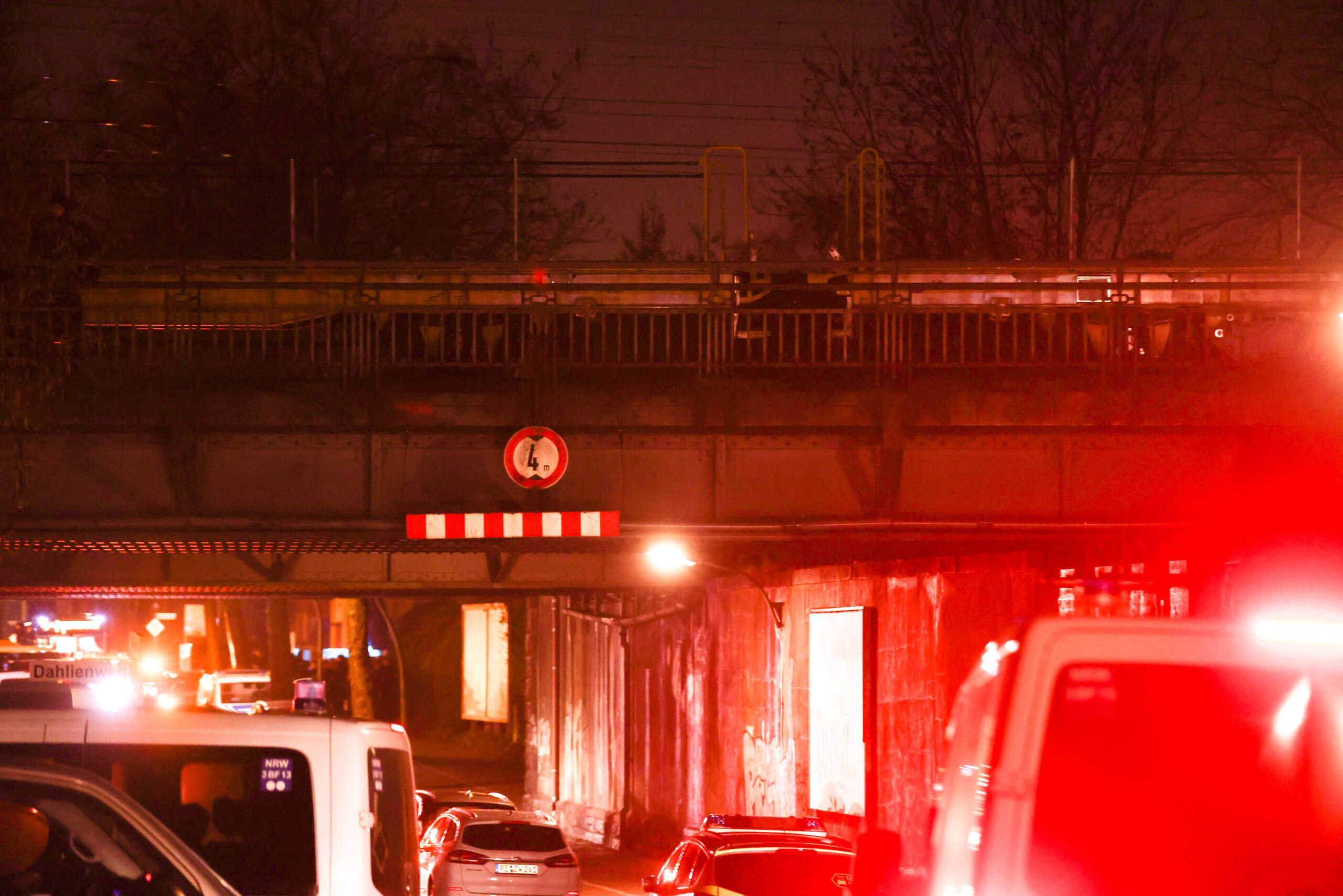 Emergency vehicles are pictured near the scene of a train crash in Recklinghausen, Germany, February 2, 2023. REUTERS