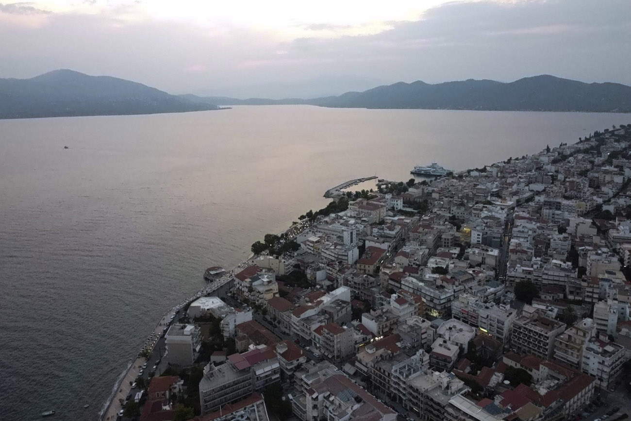 Aerial drone photo of famous seaside village well known for thermal springs of Aidipsos, North Evia island, Greece on August 20, 2021.