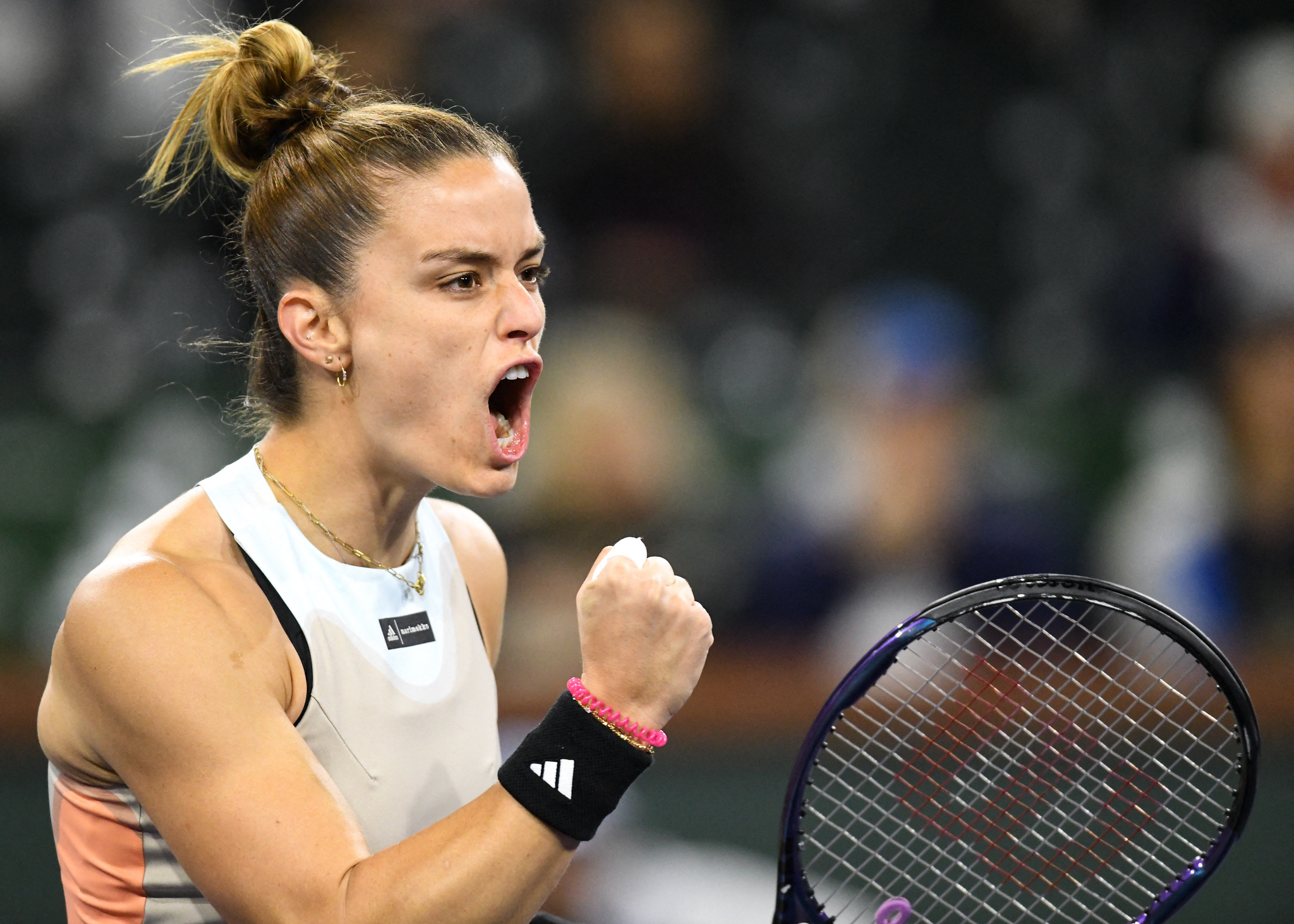 Mar 10, 2023; Indian Wells, CA, USA; Maria Sakkari (GRE) celebrates after winning a point during her second round match against Shelby Rogers (USA) during the BNP Paribas Open at Indian Wells Tennis Garden. Mandatory Credit: Jonathan Hui-USA TODAY Sports