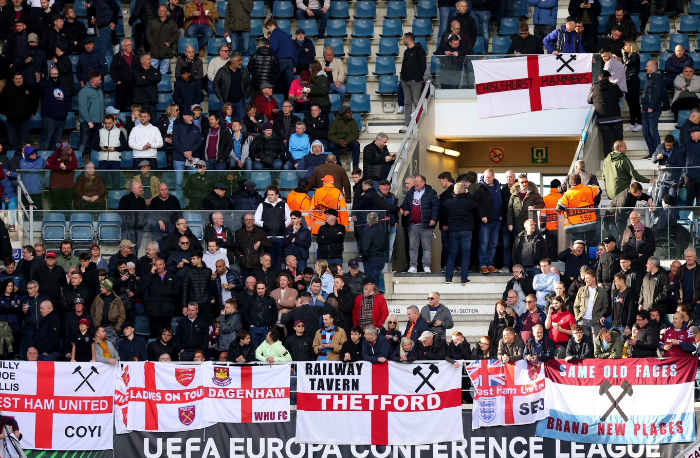 Soccer Football - Europa Conference League - Quarter Final - First Leg - KAA Gent v West Ham United - Ghelamco Arena, Ghent, Belgium - April 13, 2023 West Ham United fans inside the stadium before the match REUTERS