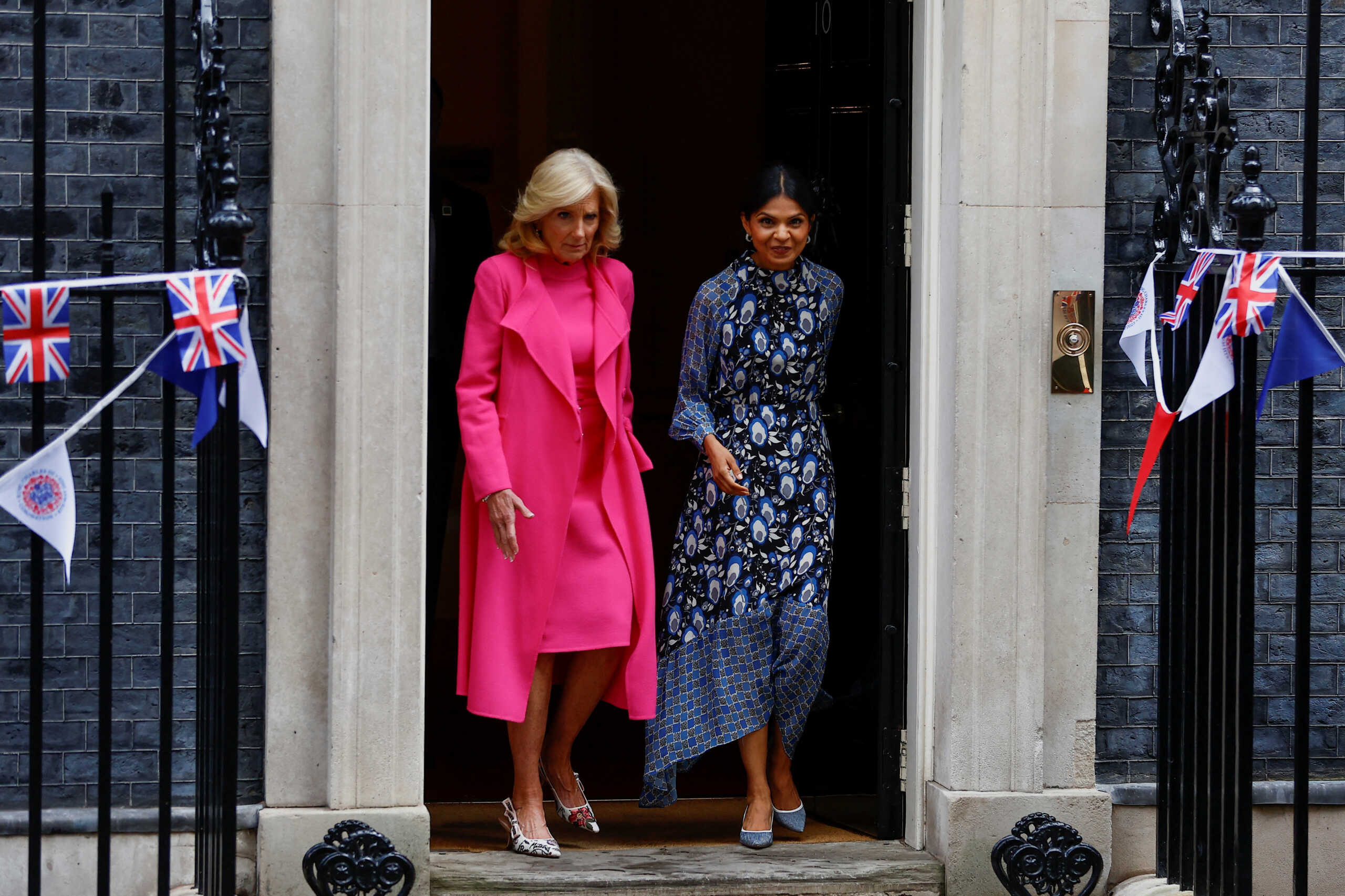 U.S. first lady Jill Biden and Akshata Murty, the wife of British Prime Minister Rishi Sunak leave Number 10 Downing Street in London, Britain May 5, 2023. REUTERS