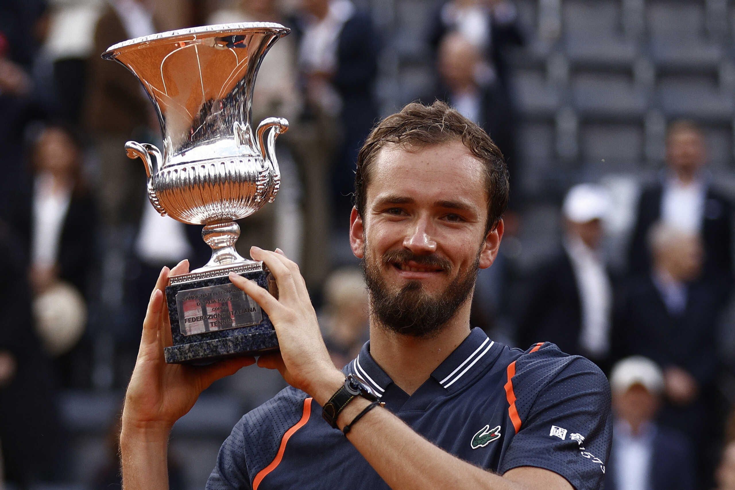 Tennis - Italian Open - Foro Italico, Rome, Italy - May 21, 2023 Russia's Daniil Medvedev poses with the trophy after winning the men's singles final against Denmark's Holger Rune REUTERS