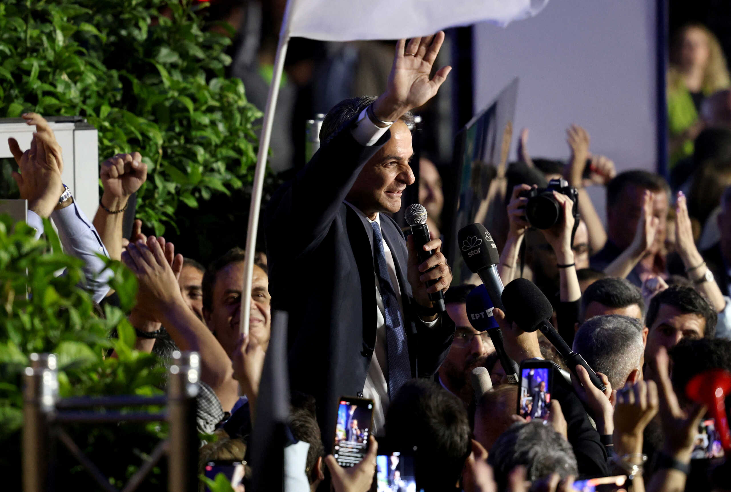 Greek Prime Minister and New Democracy conservative party leader Kyriakos Mitsotakis speaks outside the party's headquarters, after the general election, in Athens, Greece, May 21, 2023. REUTERS