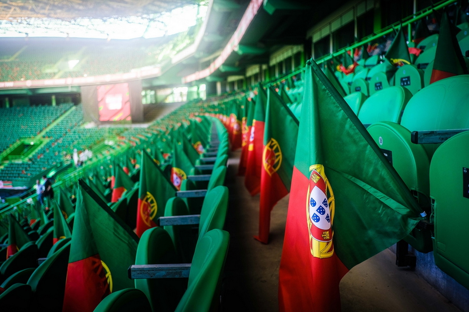 epa09996016 Portuguese national flagsin the stands during Switzerland's training session on the eve of the UEFA Nations League soccer match between Portugal and Switzerland at the Estadio Jose Alvalade stadium, in Lisbon, Portugal, 04 June 2022.  EPA