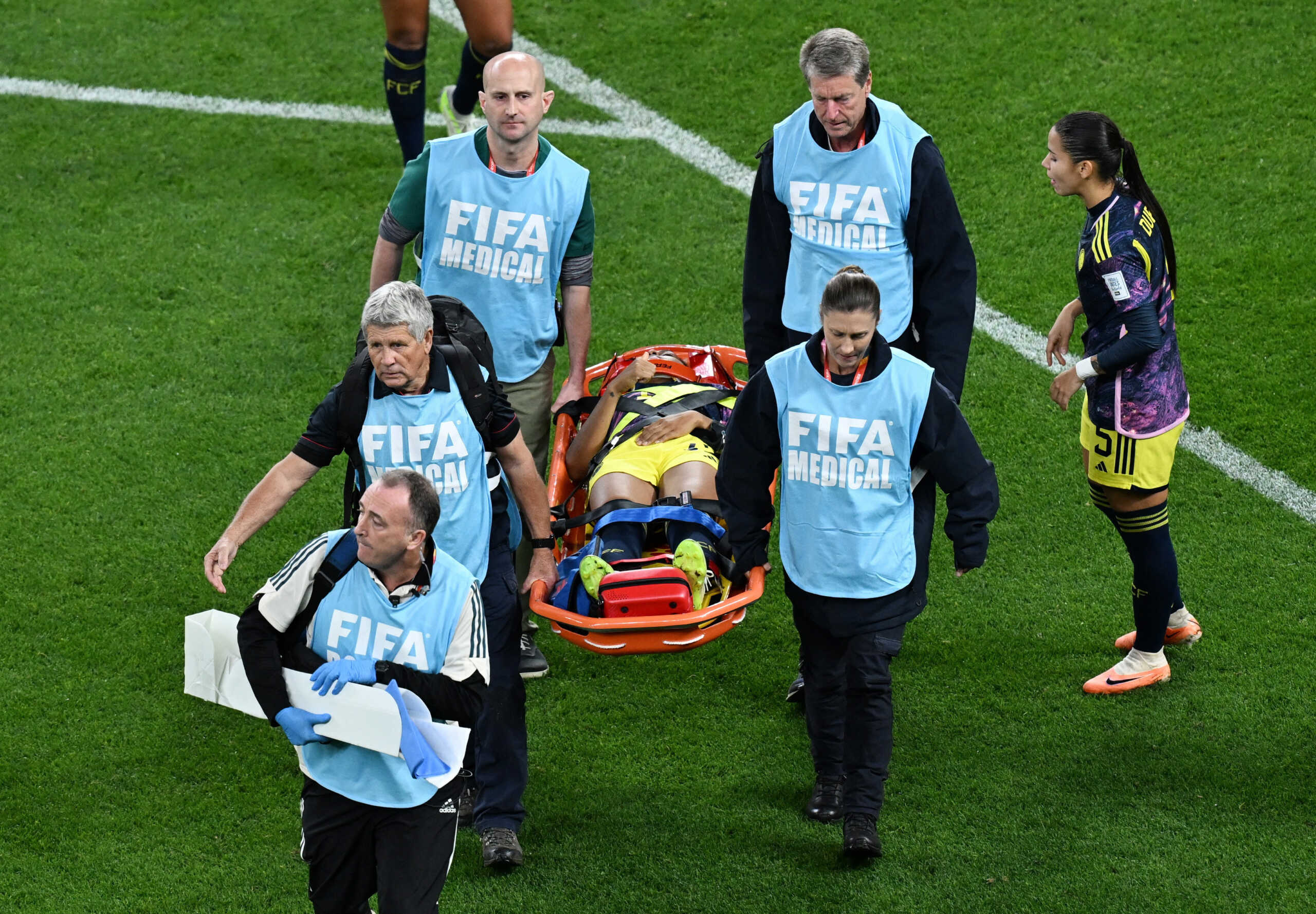 Soccer Football - FIFA Women’s World Cup Australia and New Zealand 2023 - Group H - Germany v Colombia - Sydney Football Stadium, Sydney, Australia - July 30, 2023 Colombia's Jorelyn Carabali is stretchered off after sustaining an injury REUTERS