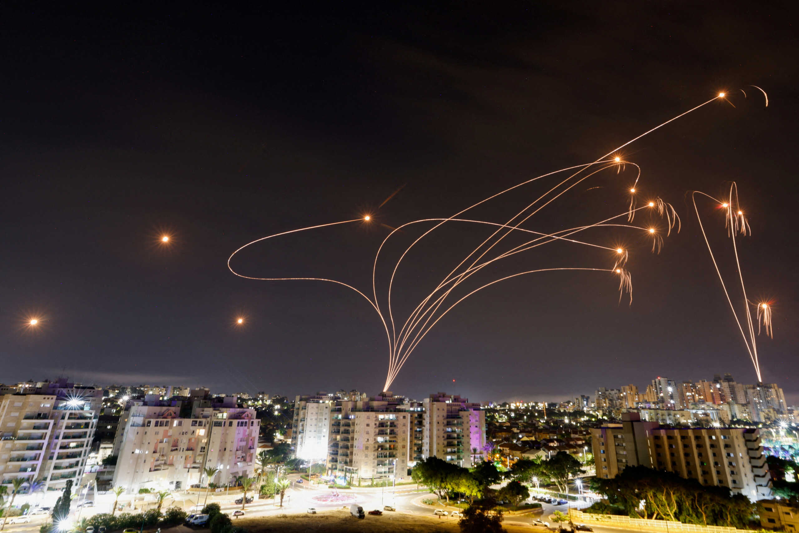 Israel's Iron Dome anti-missile system intercepts rockets launched from the Gaza Strip, as seen from the city of Ashkelon, Israel October 9, 2023. REUTERS