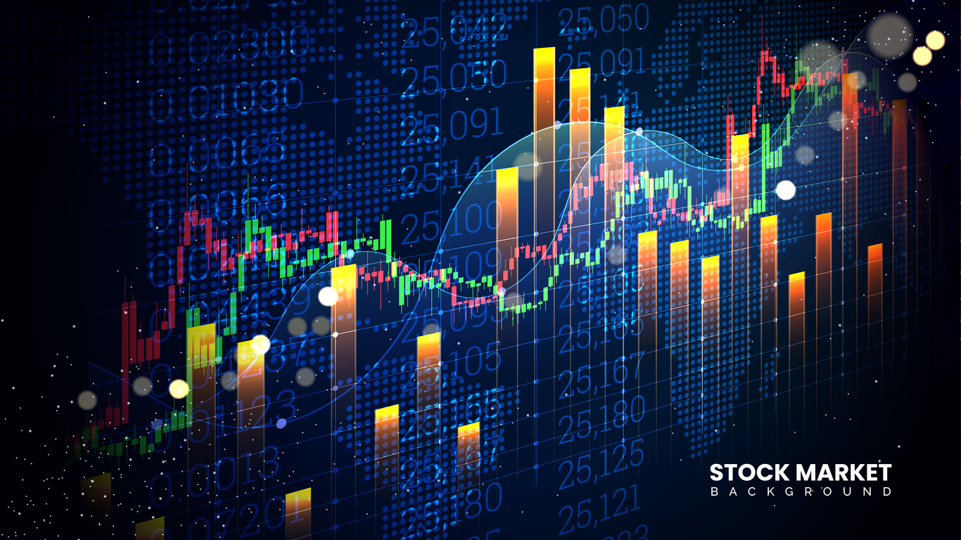 Stock market investment chart with green and red uptrend line. Successful candlestick trading chart information. Economic information growth background