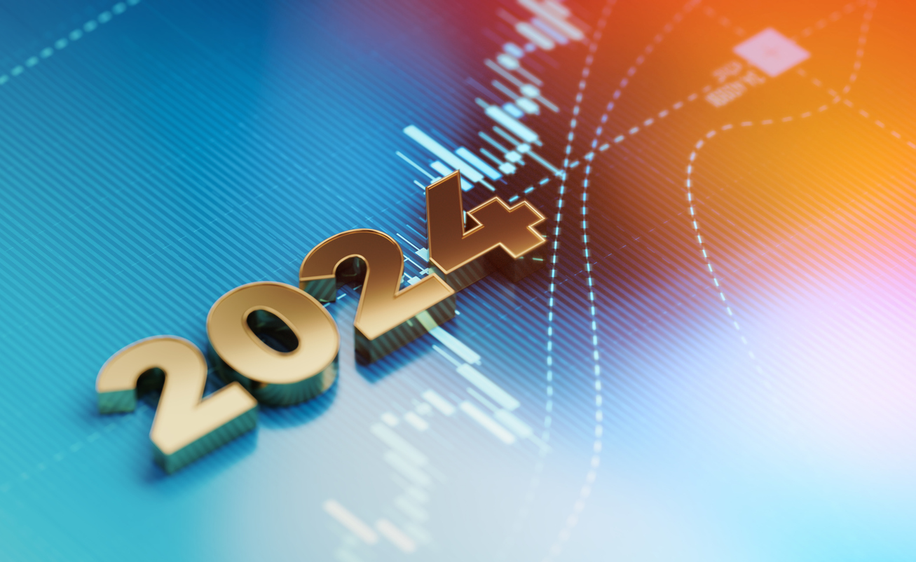 Gold colored 2024 over blue financial chart. Horizontal composition with selective focus and copy space. Finance and stock market concept.