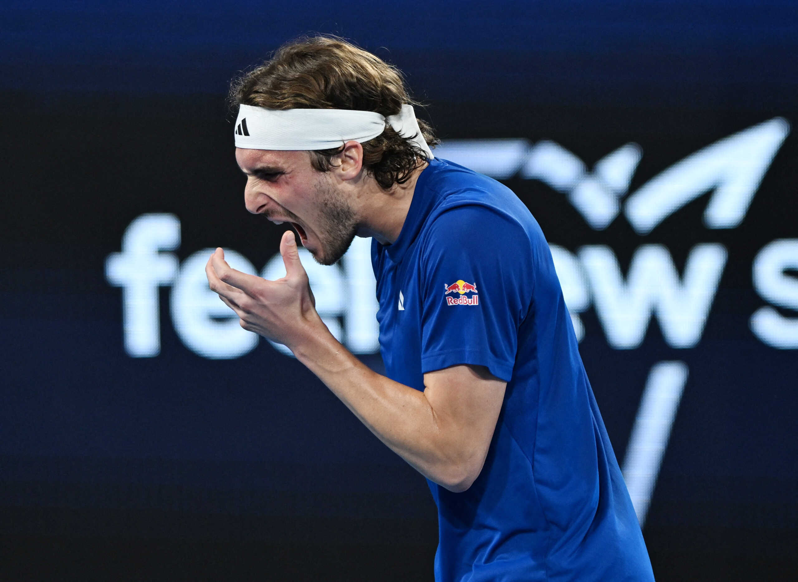 Tennis - United Cup - Ken Rosewall Arena, Sydney, Australia - January 5, 2024 Greece's Stefanos Tsitsipas reacts during his quarterfinal matches against Germany's Alexander Zverev REUTERS