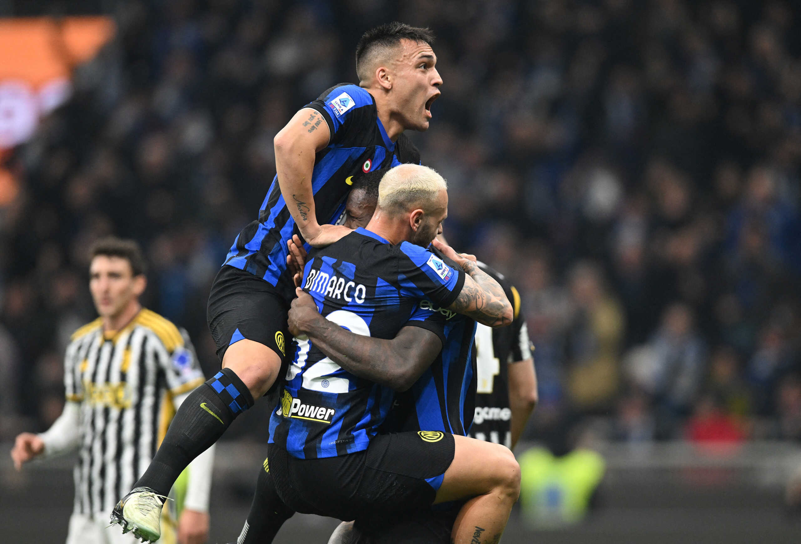 Soccer Football - Serie A - Inter Milan v Juventus - San Siro, Milan, Italy - February 4, 2024 Inter Milan players celebrate after Juventus' Federico Gatti scores an own goal and first for Inter Milan REUTERS