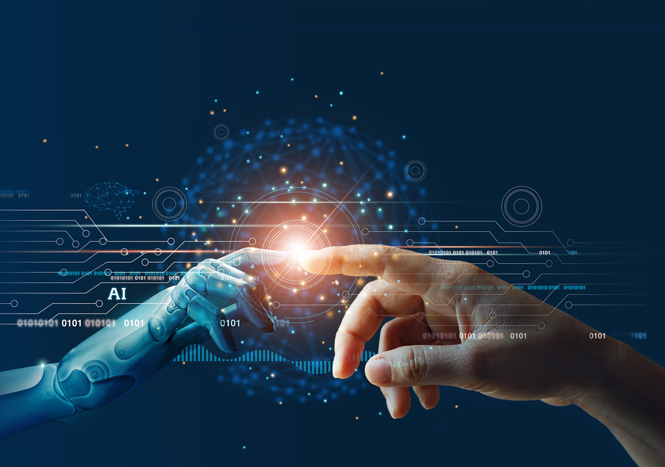 AI, Machine learning, Hands of robot and human touching on big data network connection background, Science and artificial intelligence technology, innovation and futuristic.