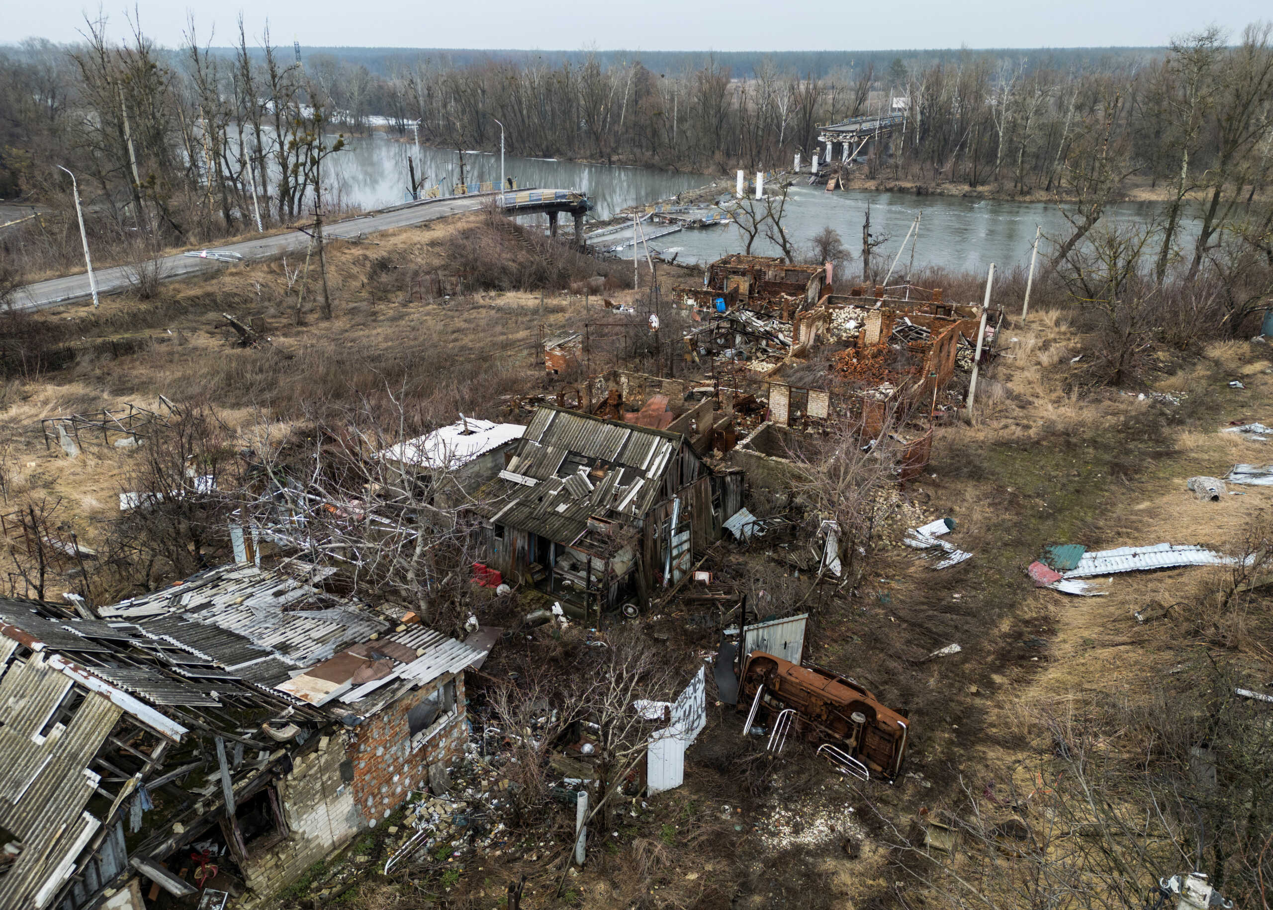 A view shows abandoned houses which were heavily damaged during a Russian attack on Ukraine in the village of Bohorodychne, Donetsk region, Ukraine February 13, 2024. REUTERS