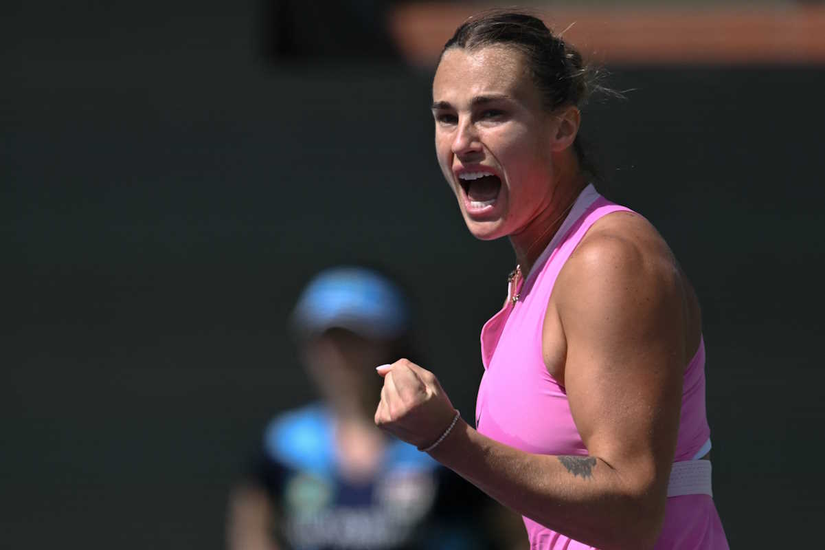 Mar 11, 2024; Indian Wells, CA, USA; Aryna Sabalenka reacts after winning a point in her third round match against Emma Raducanu (GBR) during the BNP Paribas Open at Indian Wells Tennis Garden. Mandatory Credit: Jonathan Hui-USA TODAY Sports