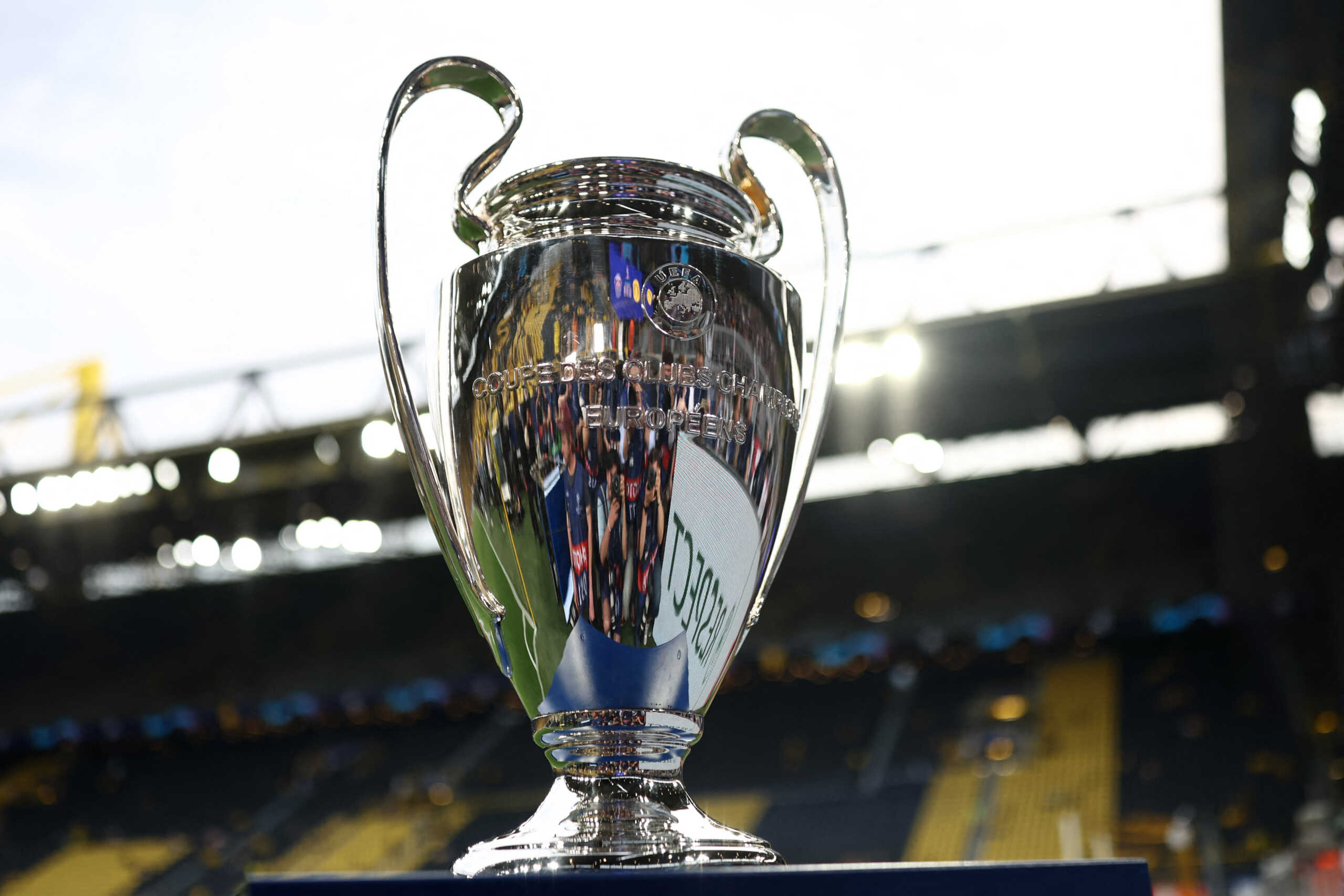 Soccer Football - Champions League - Semi Final - First Leg - Borussia Dortmund v Paris St Germain - Signal Iduna Park, Dortmund, Germany - May 1, 2024 General view of the trophy inside the stadium before the match REUTERS