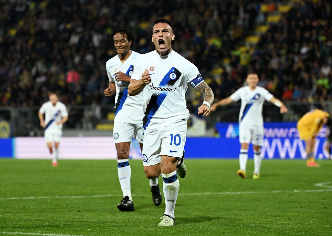 Soccer Football - Serie A - Frosinone v Inter Milan - Stadio Benito Stirpe, Frosinone, Italy - May 10, 2024 Inter Milan's Lautaro Martinez celebrates scoring their fourth goal REUTERS