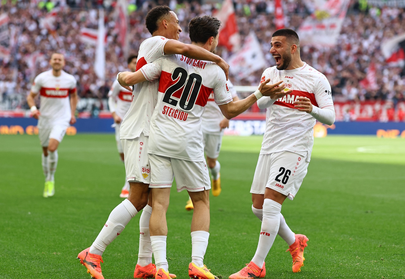 Soccer Football - Bundesliga - VfB Stuttgart v Bayern Munich - MHPArena, Stuttgart, Germany - May 4, 2024 VfB Stuttgart's Leonidas Stergiou celebrates scoring their first goal with teammates REUTERS