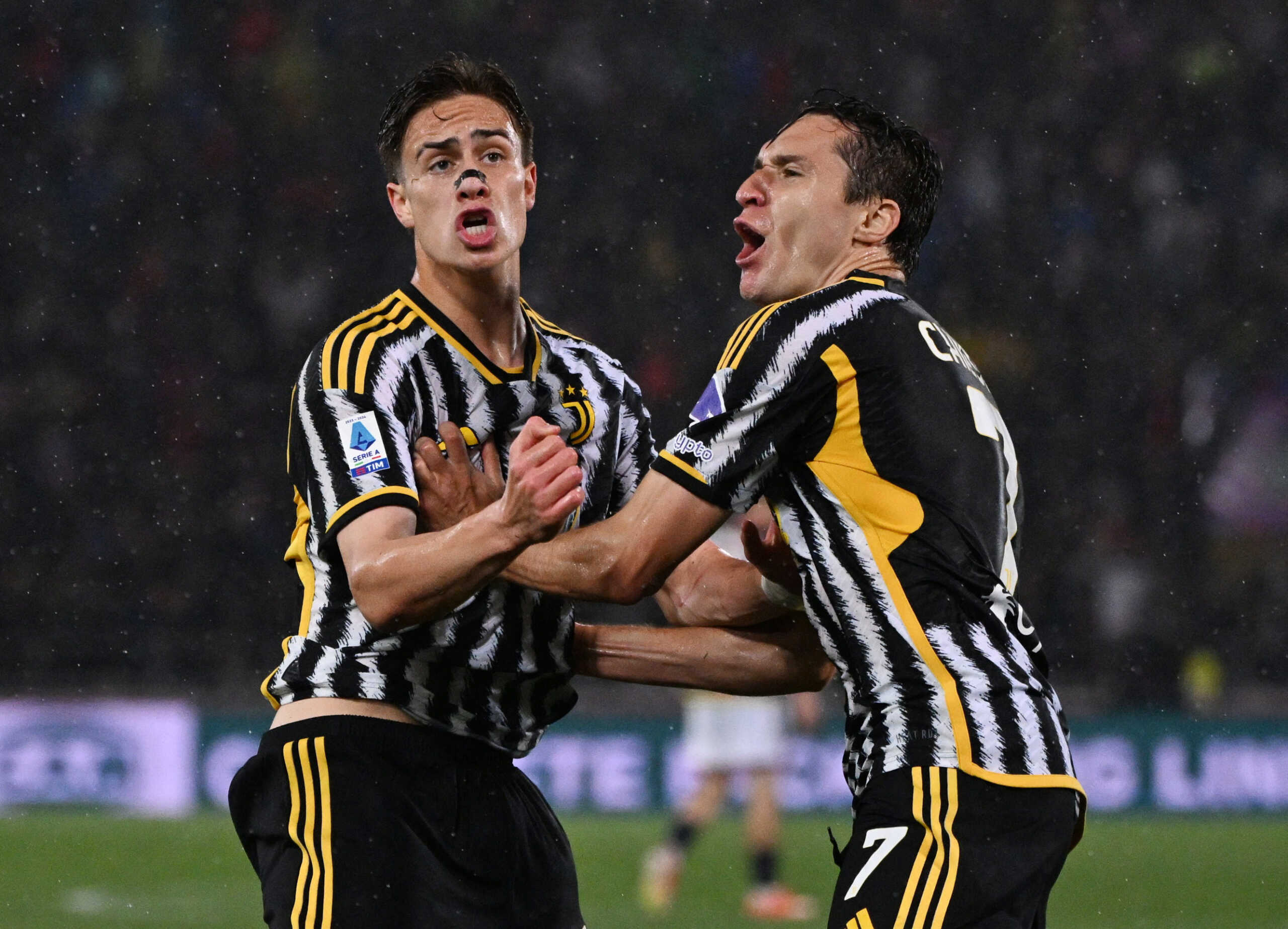 Soccer Football - Serie A - Bologna v Juventus - Stadio Renato Dall'Ara, Bologna, Italy - May 20, 2024 Juventus' Kenan Yildiz celebrates scoring their third goal with Federico Chiesa REUTERS