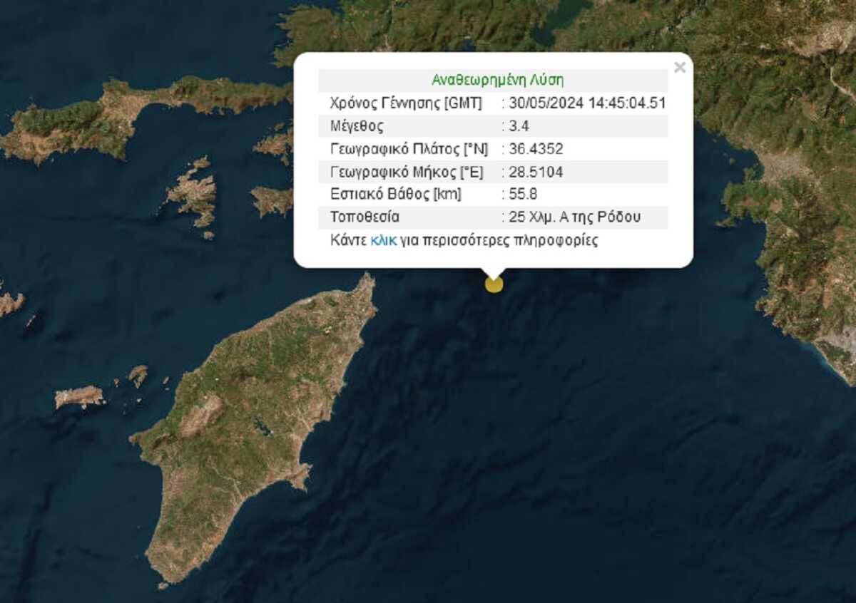 Σεισμός 3,4 Ρίχτερ ανοικτά της Ρόδου